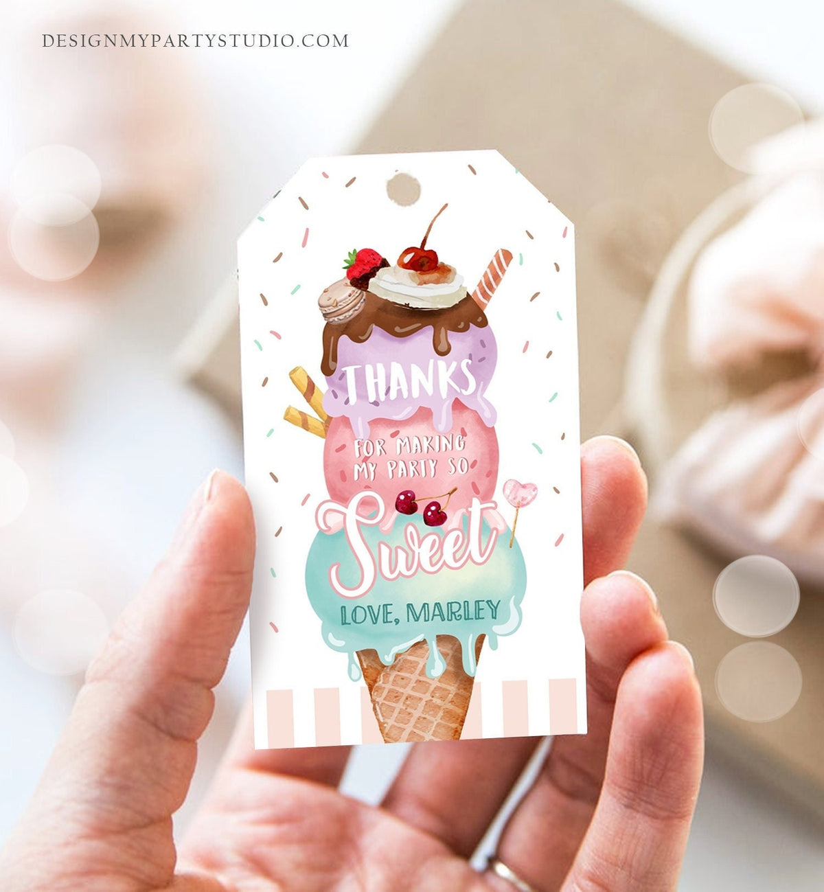 Editable Ice Cream Favor Thank You Tags Ice Cream Birthday Party Girl Pink Purple Gift Goodie Bag Scoop Digital Template Printable 0392