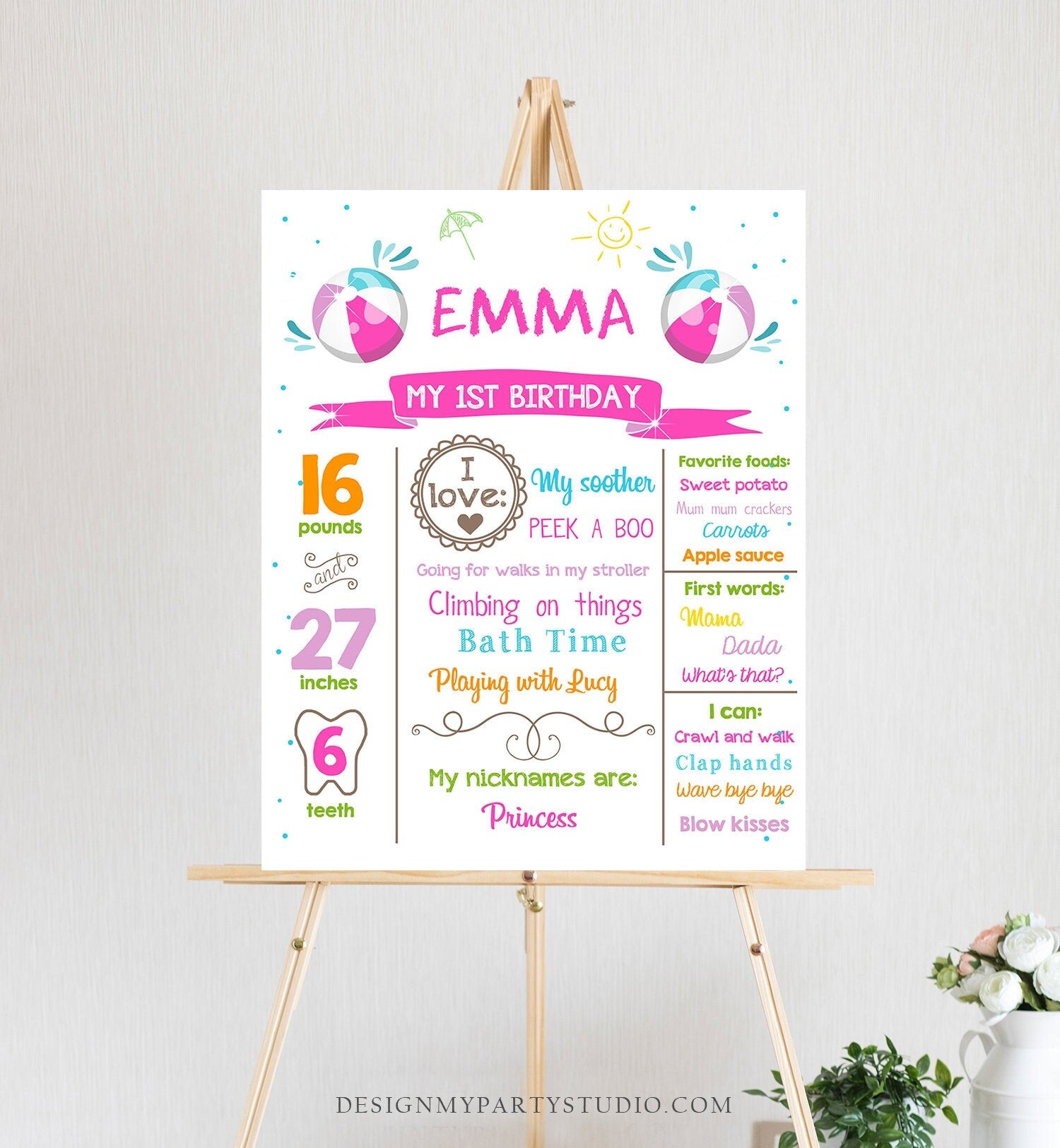 Editable Pool Party Birthday Milestone Poster Decor Splish Splash Ball Birthday Girl Pink First 1st Digital Download Template Printable 0169