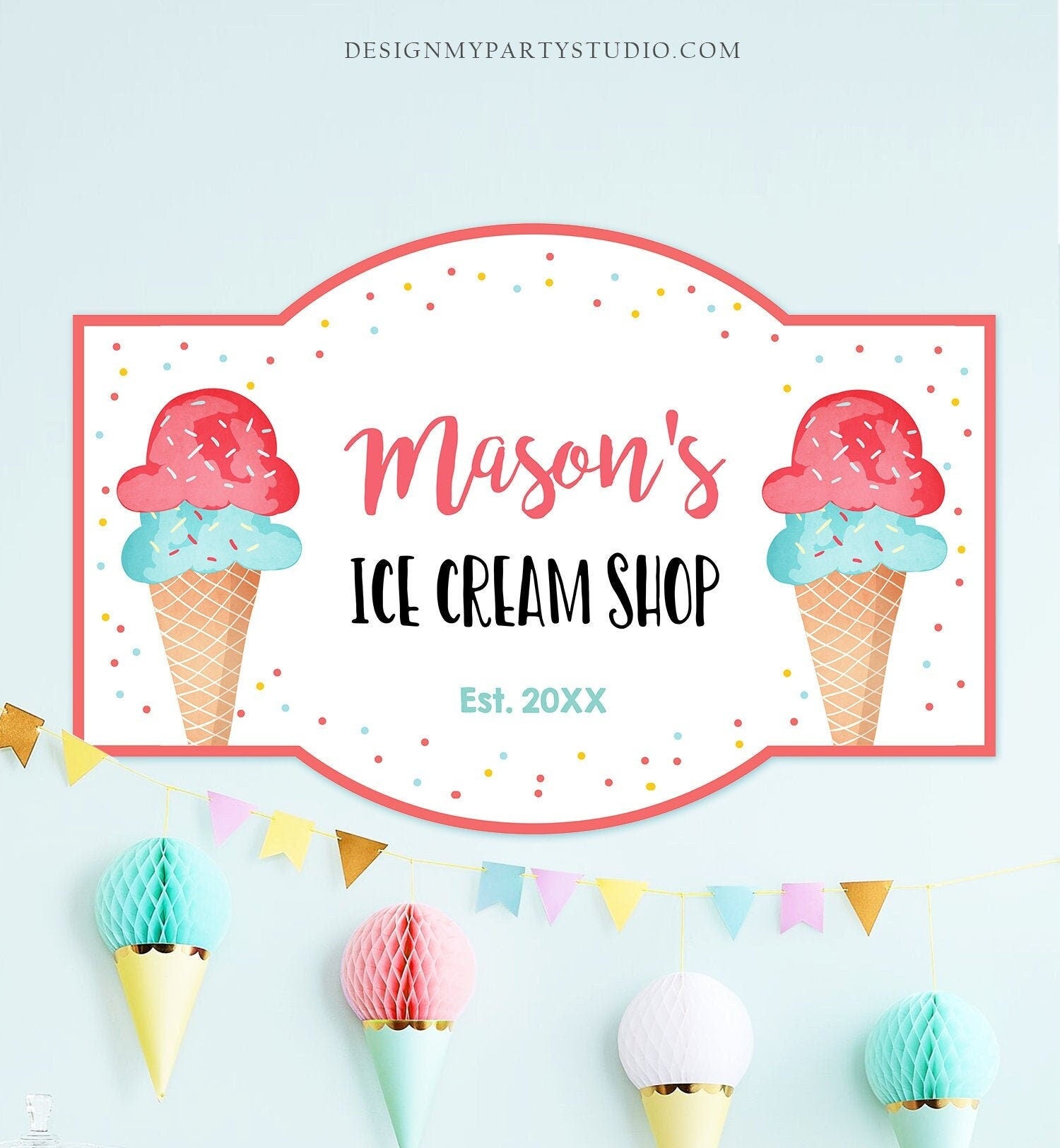 Editable Ice Cream Shop Sign Ice Cream Birthday Welcome Ice Cream Parlor Boy Summer Blue Red Mint Summer Diigtal Template Printable 0243