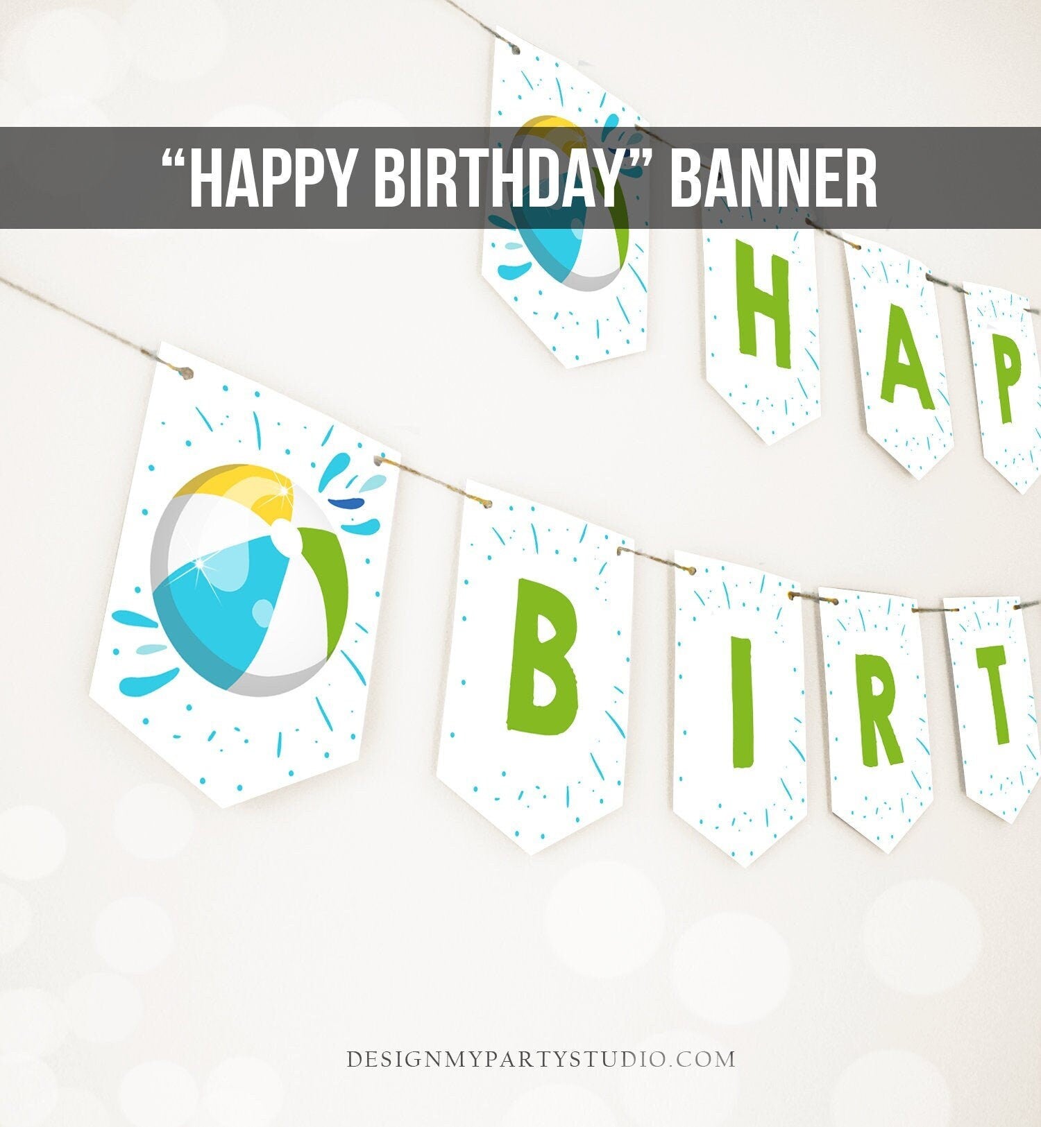 Happy Birthday Banner Pool Party Birthday Banner Splish Splash Birthday Bash Boy Decor Blue Green Beach Ball Digital Download Printable 0169