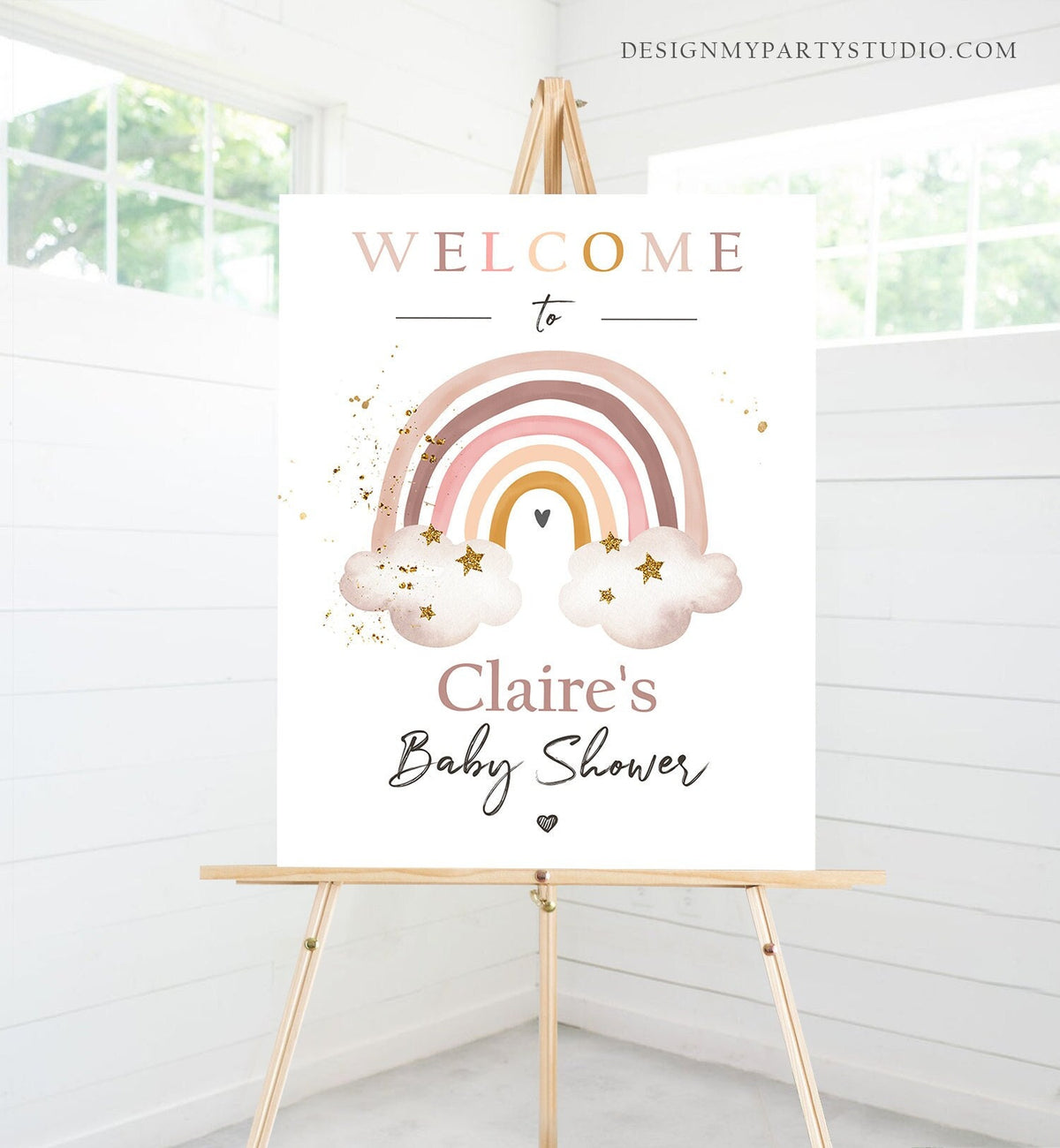 Editable Rainbow Welcome Sign Rainbow Baby Shower Modern Earth Tones Boho Shower Sign Welcome Rust Pink Girl Template PRINTABLE Corjl 0387