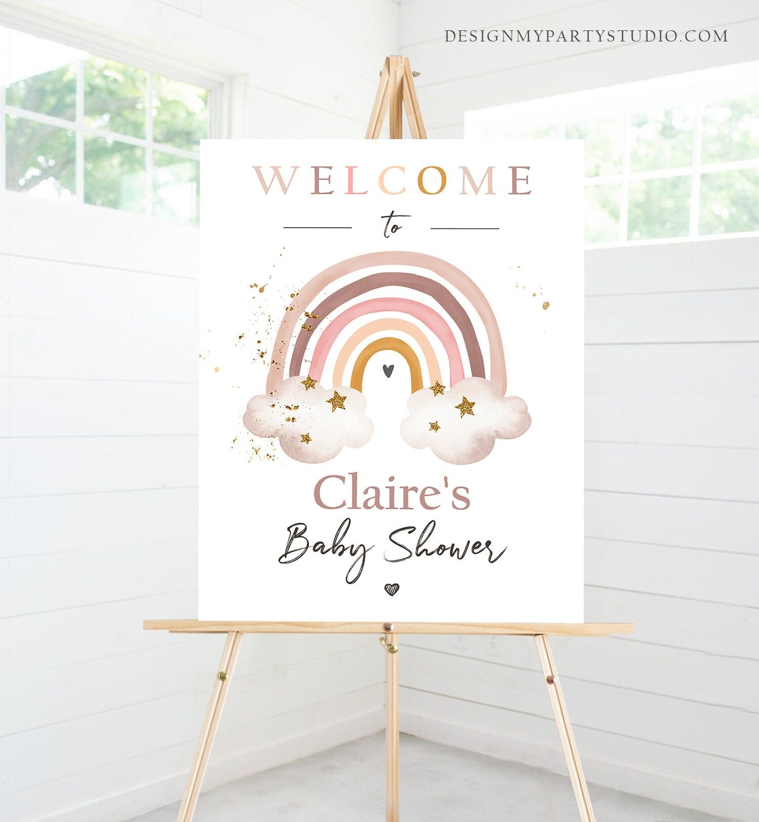 Editable Rainbow Welcome Sign Rainbow Baby Shower Modern Earth Tones Boho Shower Sign Welcome Rust Pink Girl Template PRINTABLE Corjl 0387