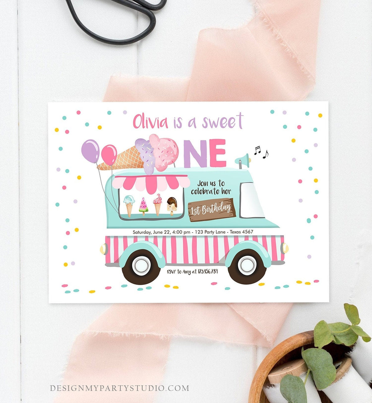 Editable Ice Cream Truck Birthday Invitation Ice Cream Sweet One 1st Birthday Party Cone Pink Mint Purple Printable Template Corjl 0243