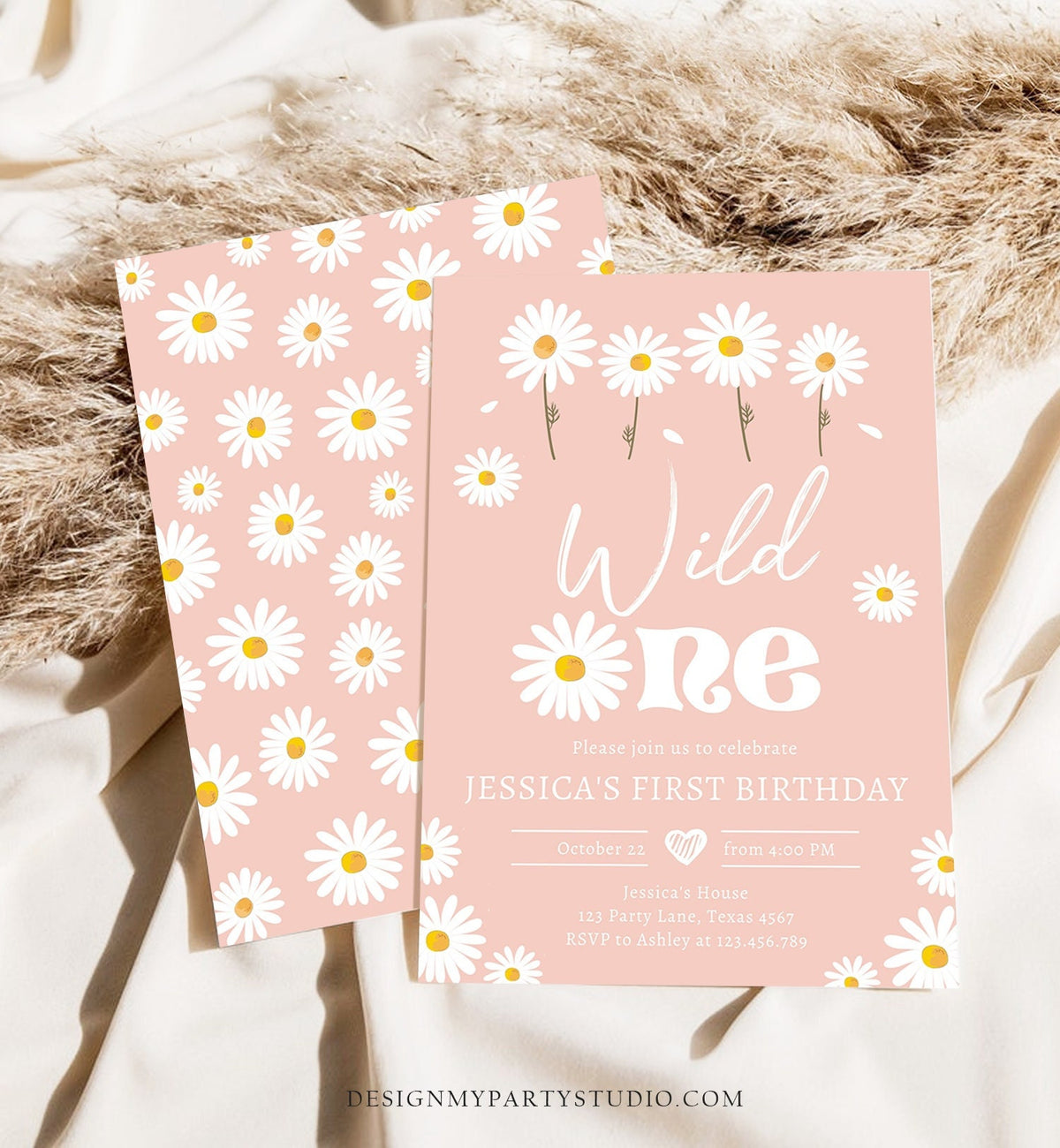 Editable Daisy Birthday Party Invitation Wild One Floral Girl Boho Pink First Birthday 1st Digital Download Evite Template Printable 0410