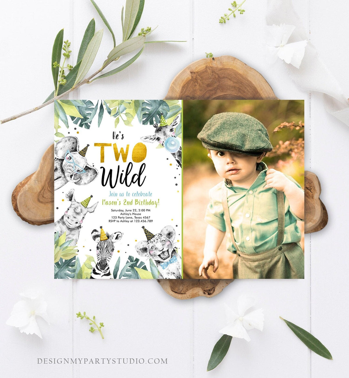 Editable Two Wild Birthday Invitation Safari Party Animals Boy Gold Second Born Two Be Wild Digital Download Evite Template Printable 0322
