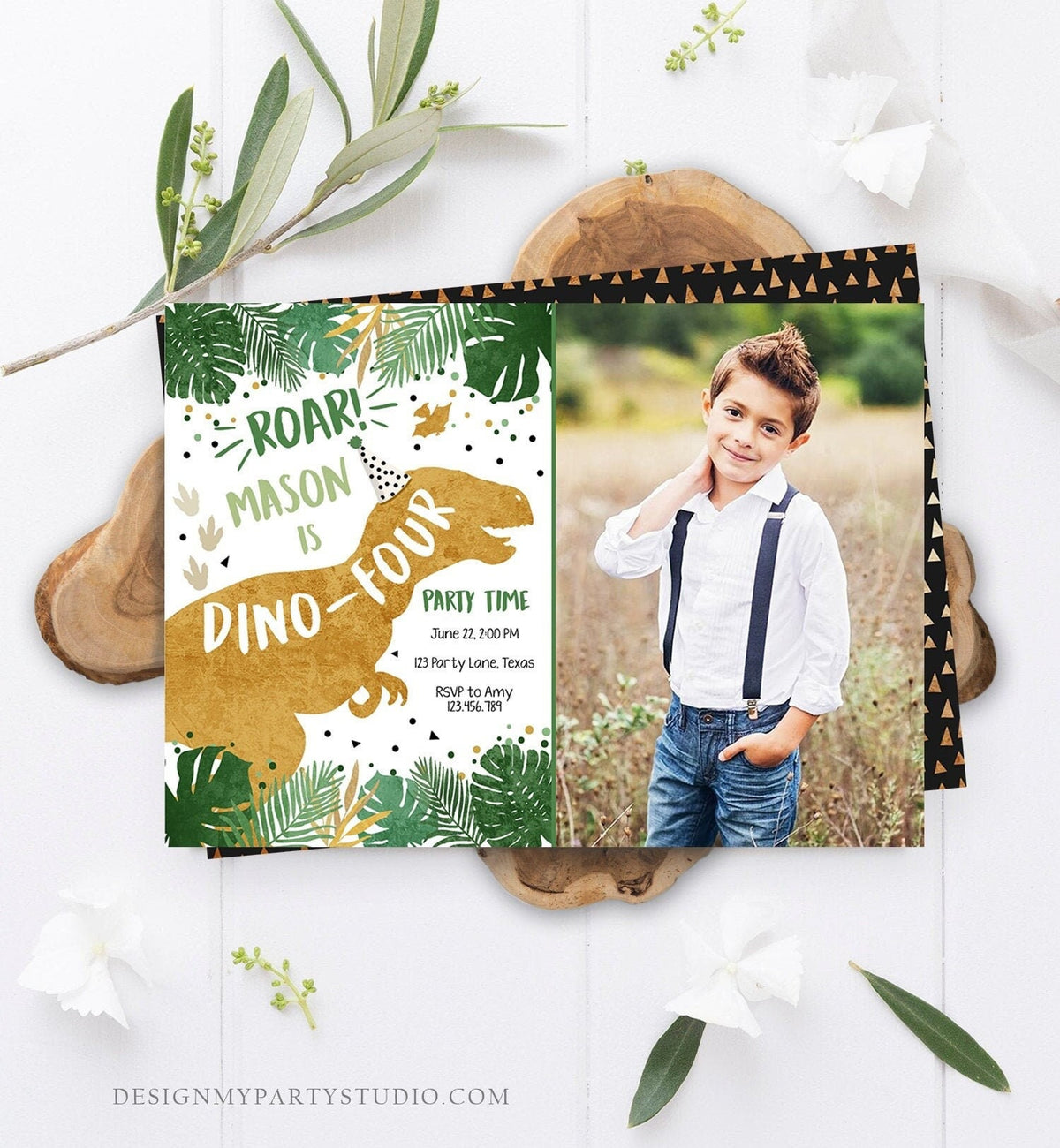 Editable Dino-Four Dinosaur Birthday Invitation Dino T-Rex Boy Fourth Birthday 4th RAWR ROAR Green Gold Corjl Template Printable 0146