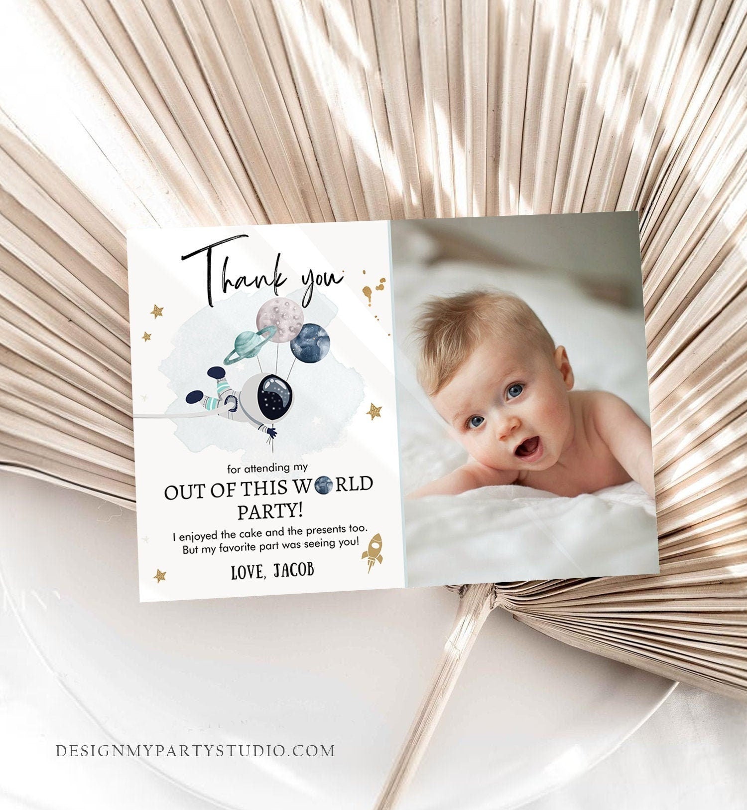 Editable Space Birthday Thank You Card Space Astronaut Galaxy Thank You Note Planets Boy Blue Digital Download Template Printable 0366