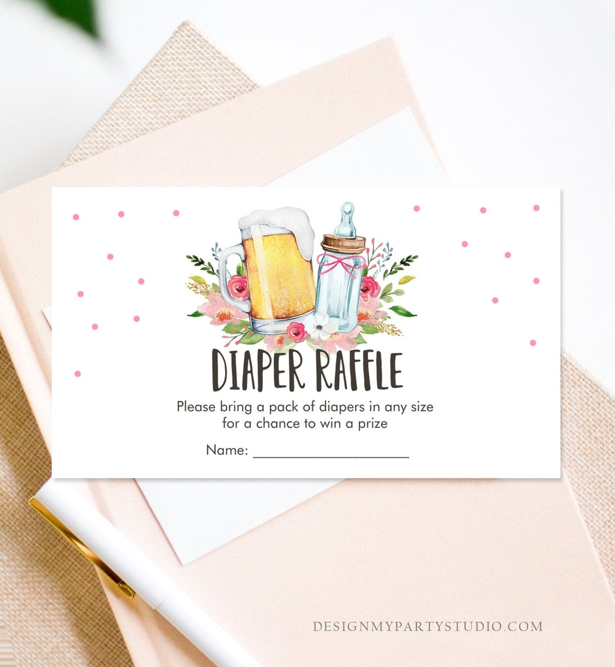 Editable Diaper Raffle Ticket Diaper Game Card Baby is Brewing Baby Shower Girl Beers Bottles Digital Download Template Printable 0190
