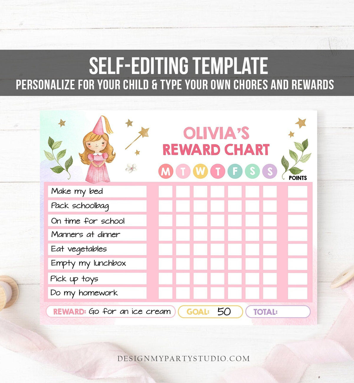 Editable Princess Reward Chart Princess Chore Chart for Kids Routine Chart Pink Girls Fillable Chore Chart Digital Template Printable 0171