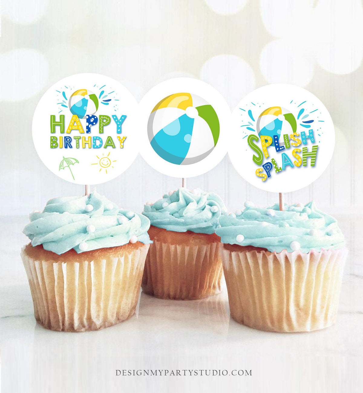 Pool Party Cupcake Toppers Favor Tags Boy Pool Birthday Party Decoration Summer Birthday Blue Splish Splash Digital Download Printable 0169