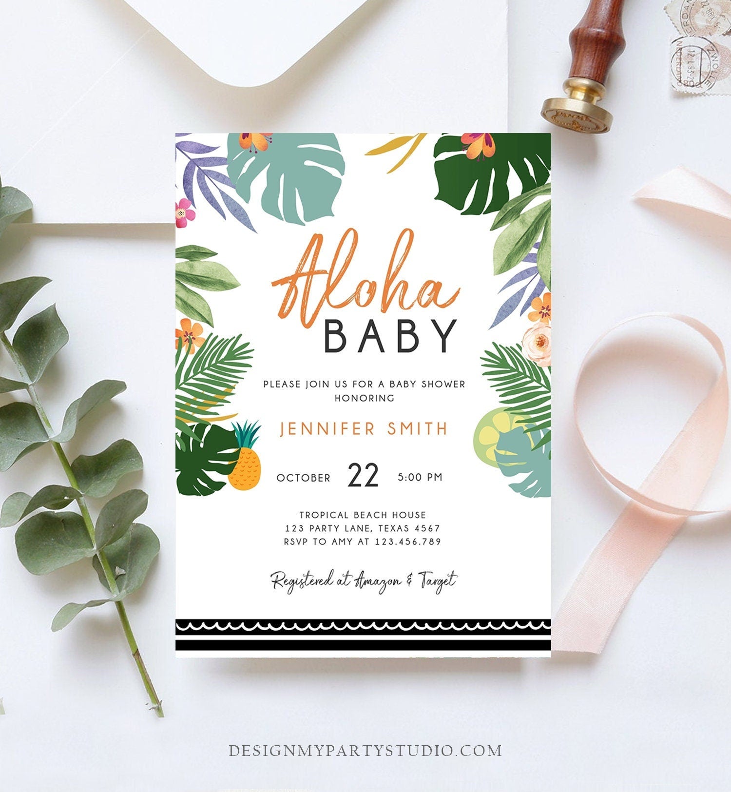 Editable Tropical Baby Shower Invitation Oh Baby Aloha Coed Shower Party Sprinkle Luau Palm Hawaiian Beach Digital Template Printable 0183