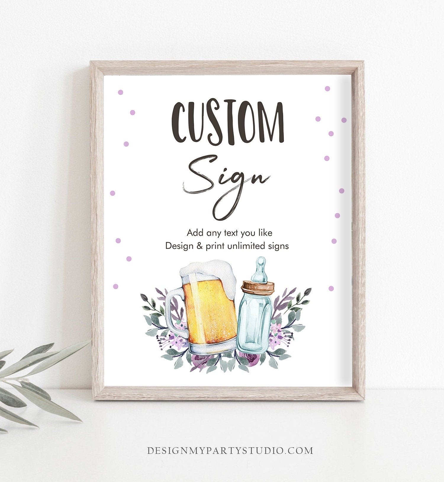 Editable Custom Baby is Brewing Sign Brewing Baby Shower Decor Table Sign Beers Bottles Lavender Purple Corjl Template Printable 8x10 0190
