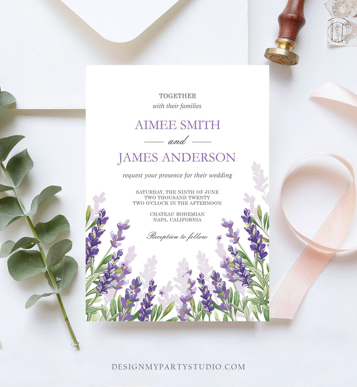 Editable Lavender Wedding Invitation Greenery Foliage Boho Bridal Shower Lilac Blush Lavender Purple Digital Corjl Template Printable 0206