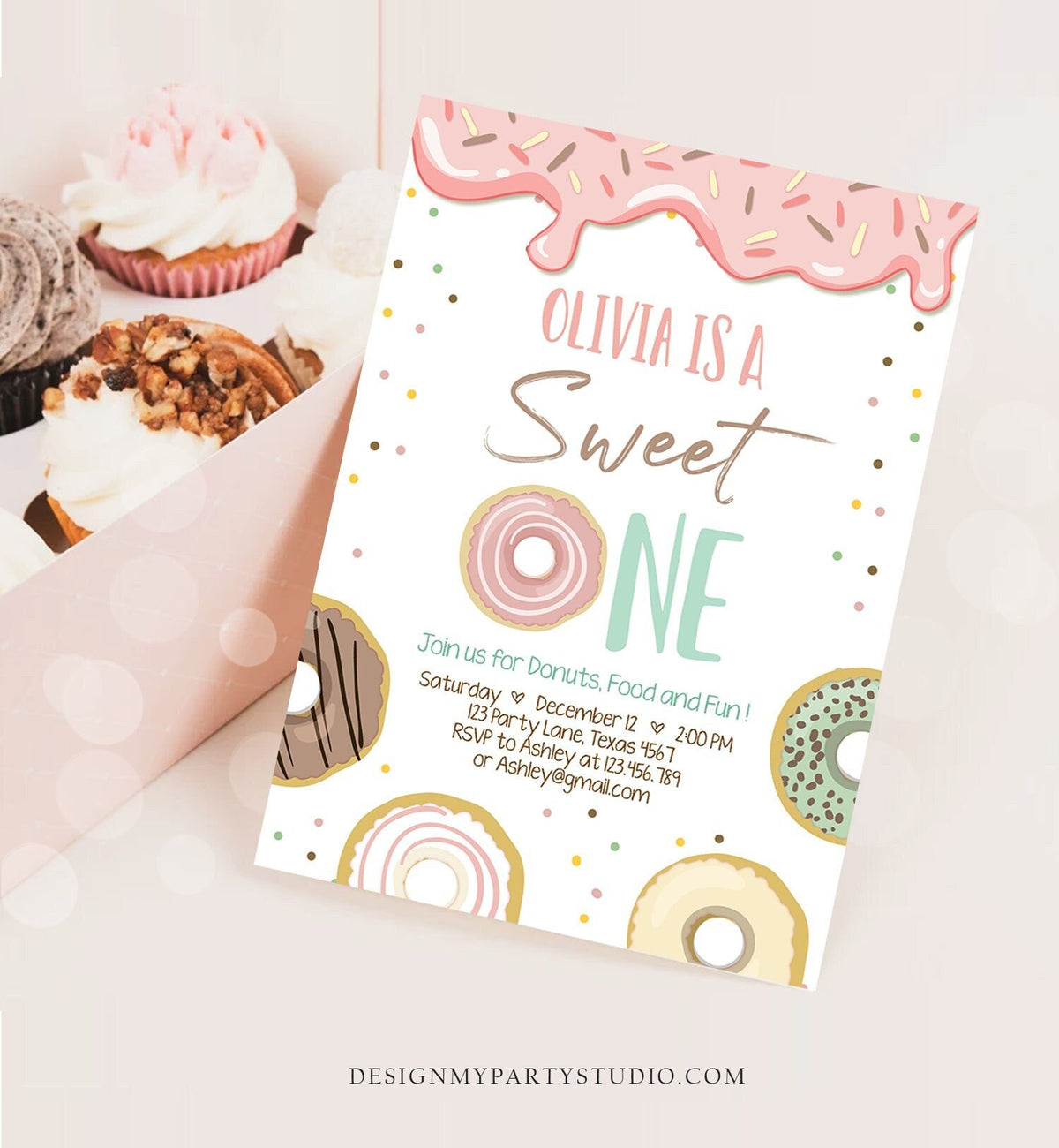 Editable Donut Sweet One Birthday Invitation First 1st Birthday Party Pink Girl Sweet Party Digital Download Printable Template Corjl 0320