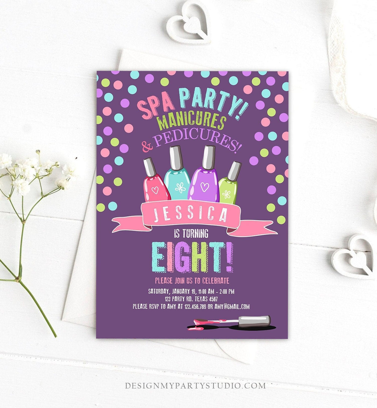 Editable Spa Birthday Invitation Manicures Pedicure Nail Salon Party Purple Polish Posh Girl Digital Download Template Printable 0210