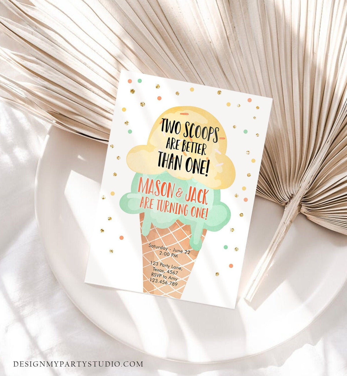 Editable Twin Ice Cream Birthday Invitation First Birthday Two is Better Than One Yellow Mint Gold Boy Digital Template Printable 0243
