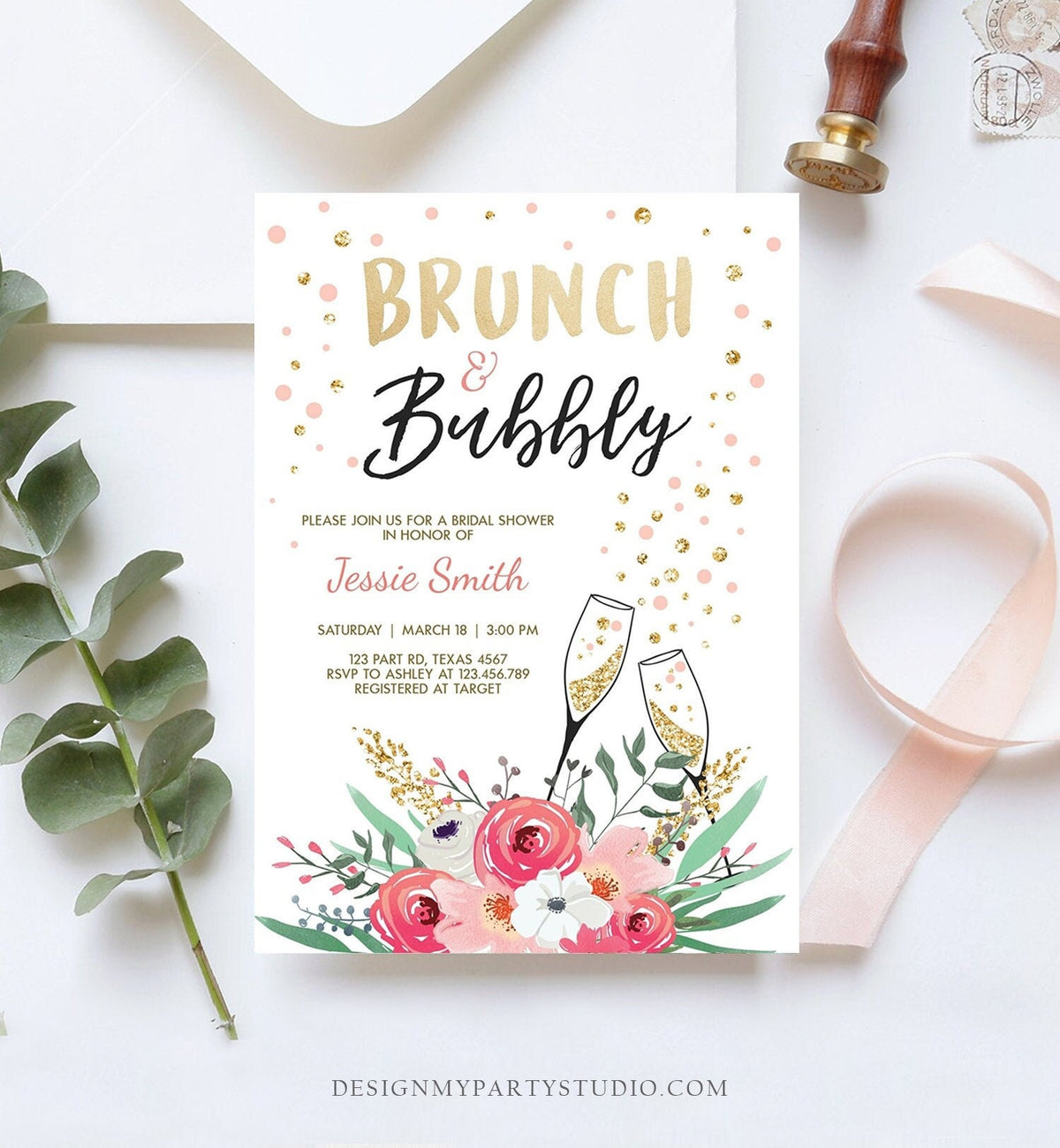 Editable Brunch and Bubbly Bridal Shower Invitation Floral Champagne Tea Party Gold Pink Wedding Digital Download Template Printable 0318