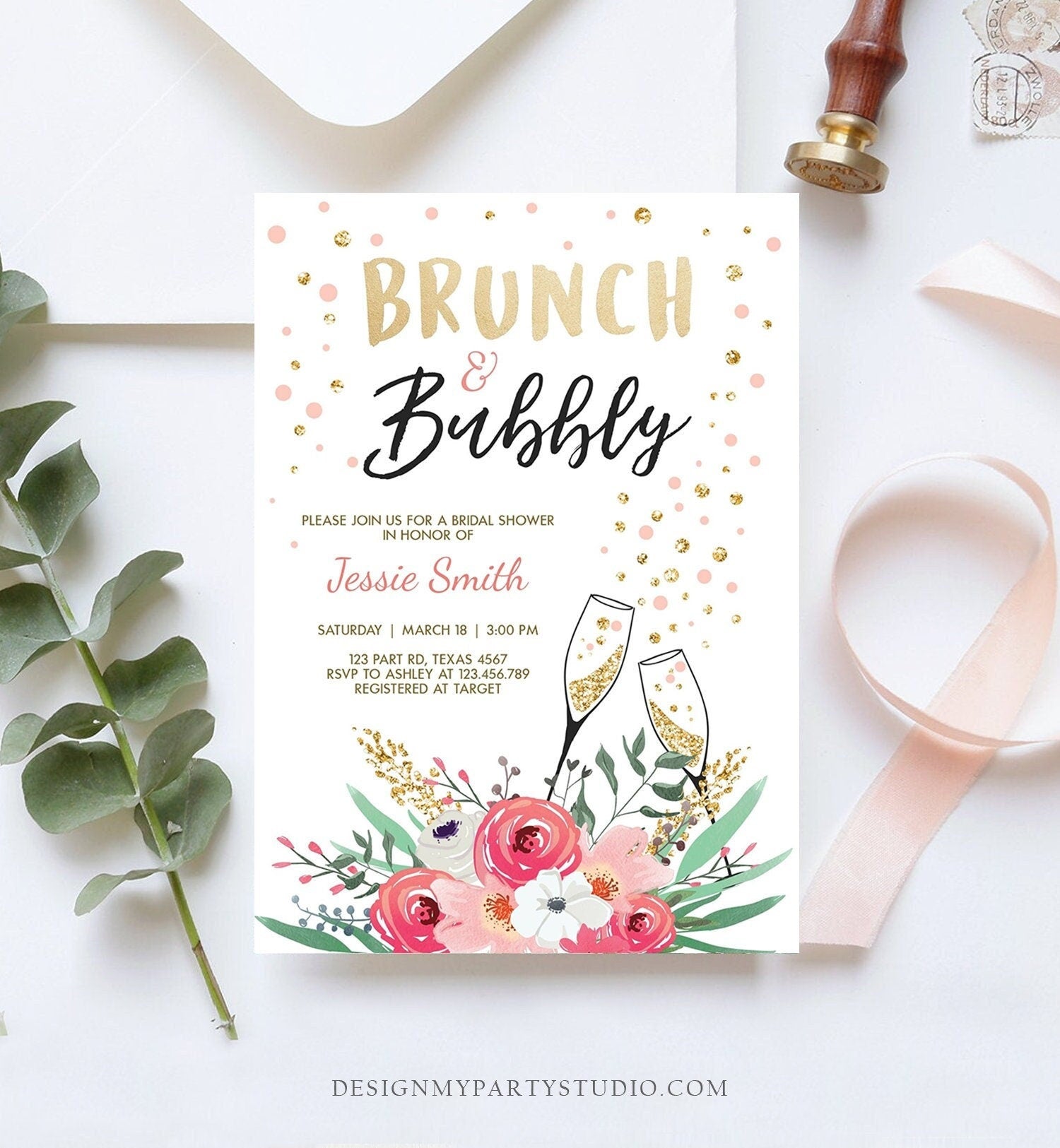 Editable Brunch and Bubbly Bridal Shower Invitation Floral Champagne Tea Party Gold Pink Wedding Digital Download Template Printable 0318