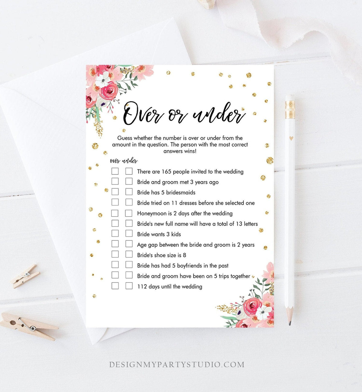 Editable Over or Under Bridal Shower Game Floral Greenery Pink Gold Confetti Hens Night Guessing Pink Digital Template Printable 0030 0318