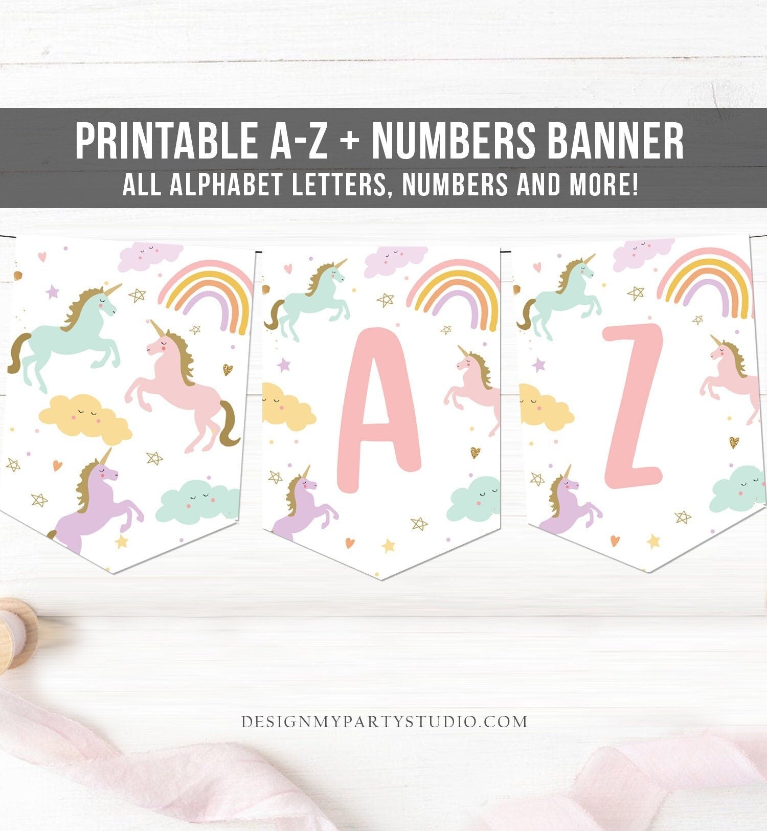 Unicorn Birthday Banner A-Z Alphabet Numbers Banner First Happy Birthday Banner Girl Magical Pink Gold Decor Digital Download Printable 0426