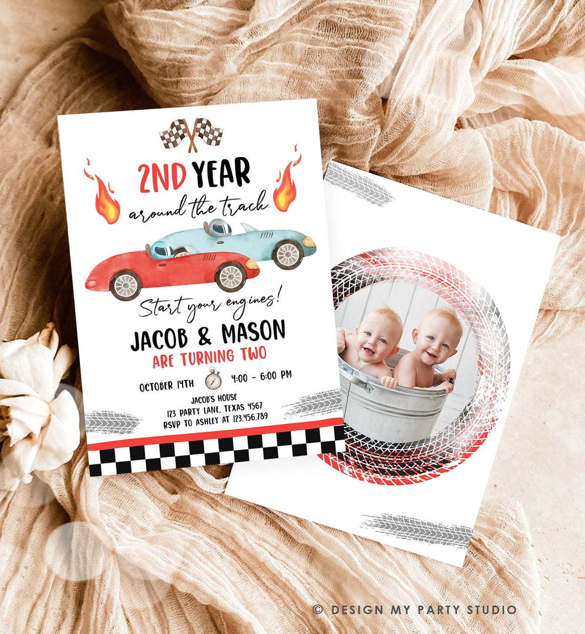 Editable 2nd Year Around the Track Birthday Invitation Twins Boys Red Two Fast Race Car Second Racing Digital Template Printable 0424