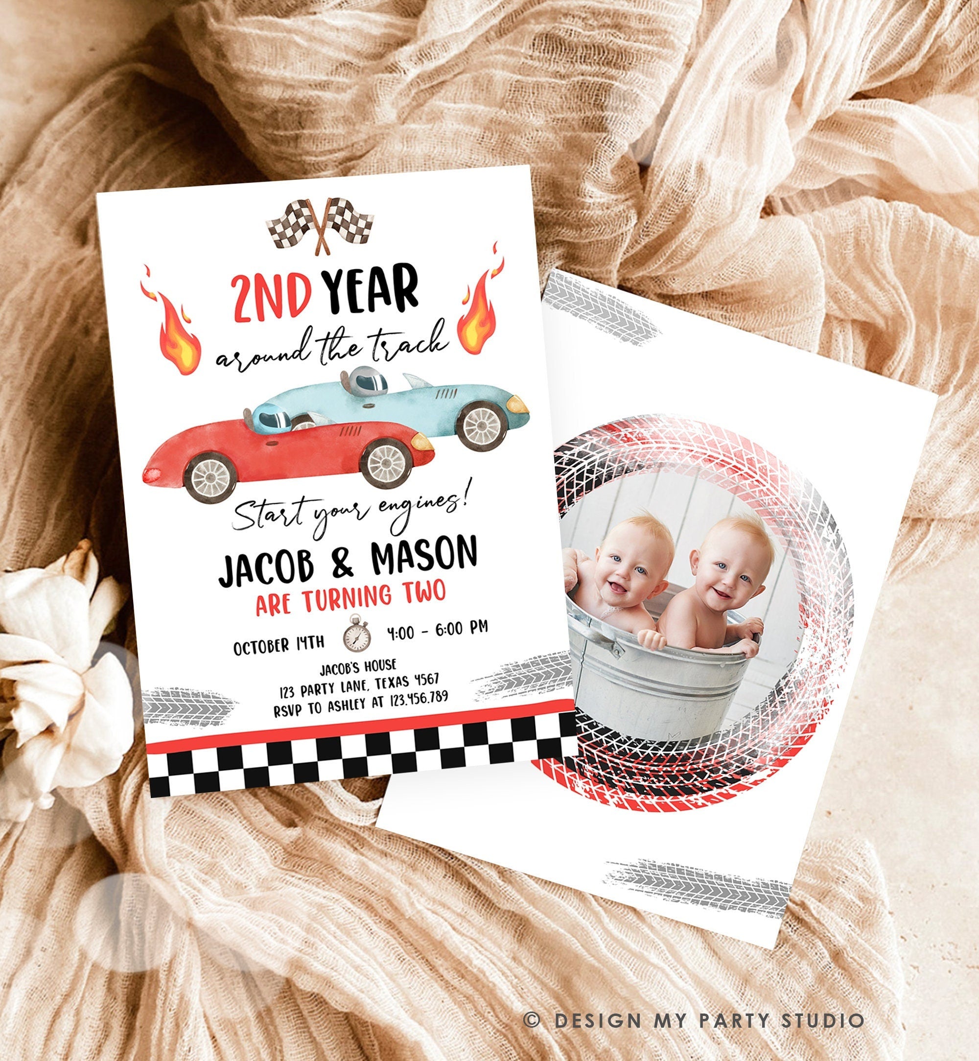 Editable 2nd Year Around the Track Birthday Invitation Twins Boys Red Two Fast Race Car Second Racing Digital Template Printable 0424