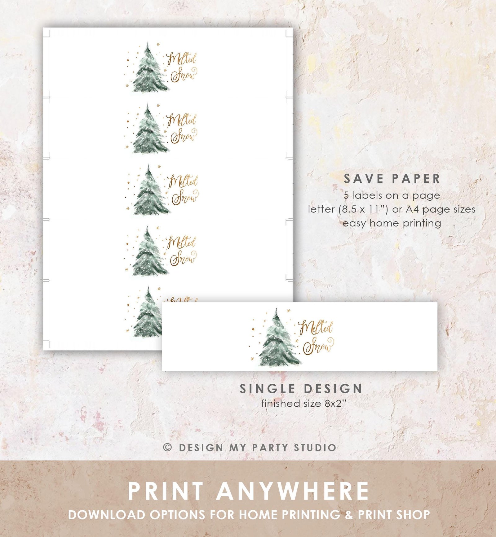 Editable Winter Water Bottle Labels Melted Snow Baby Cold Outside Christmas Tree Onederland Digital Download Template Printable 0363