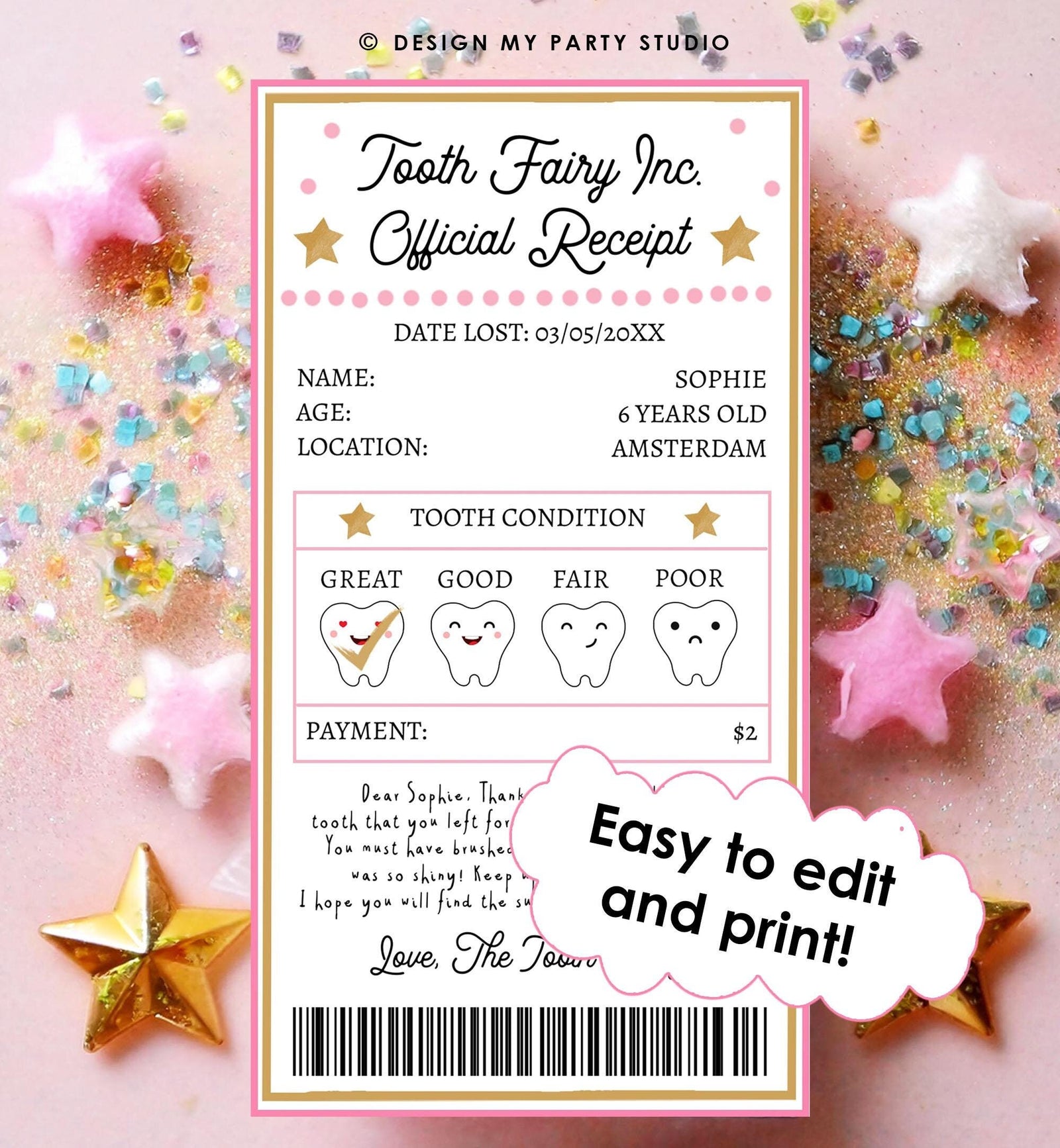 Editable Tooth Fairy Receipt First Lost Tooth Certificate Official Fairy Note Kids Tooth Fairy Letter Girl Digital Template Printable 0526