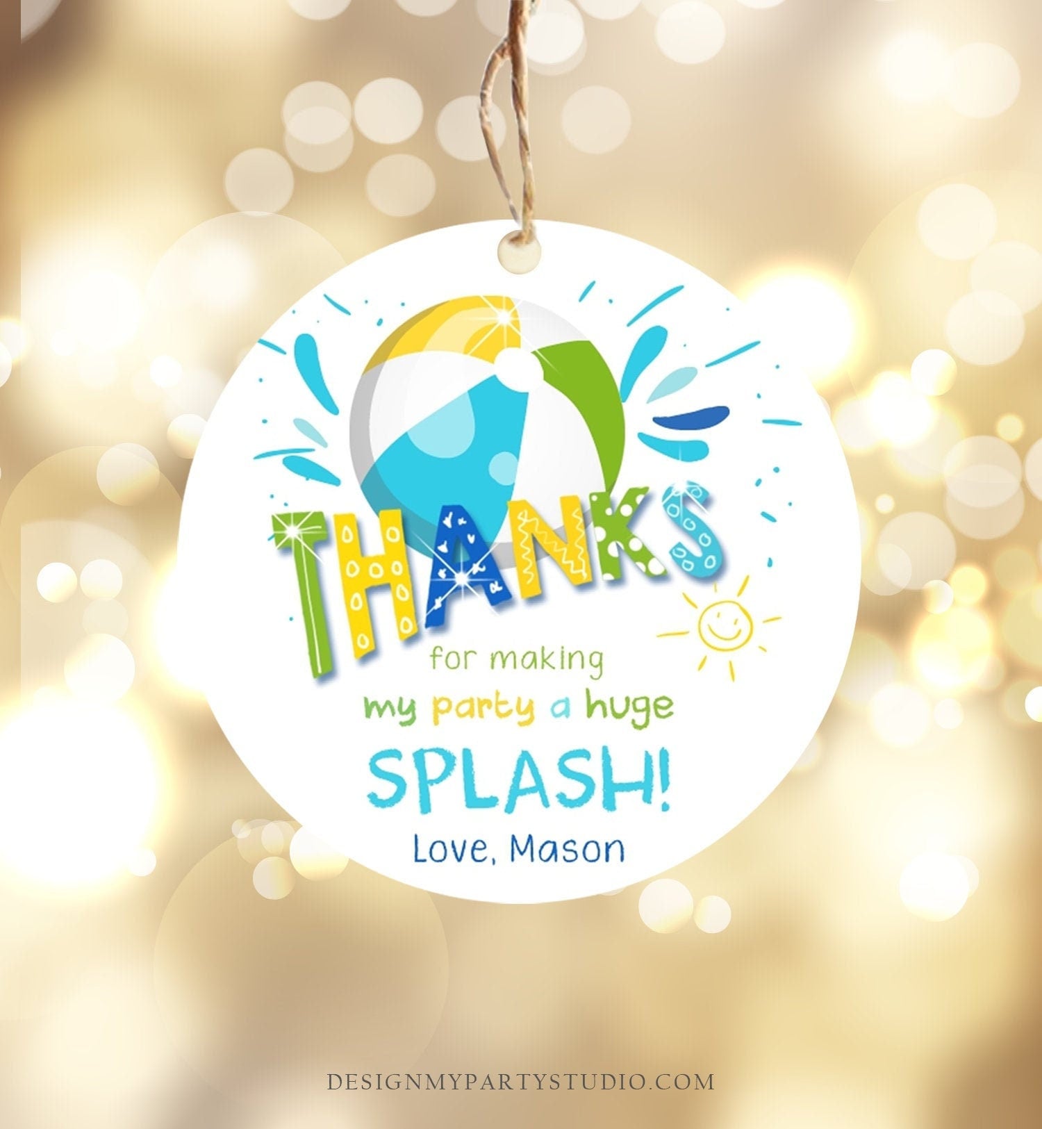 Editable Pool Party Thank You Tags Splish Splash Birthday Bash Green Yellow Tag Label Round Square Sticker Corjl Template Printable 0169