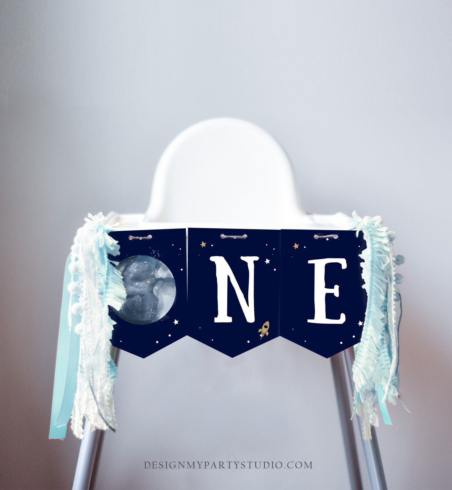 Outer Space Planets High Chair Banner Silver Astronaut Rocket 1st First Birthday Boy High Chair ONE Banner Party Digital Printable 0357