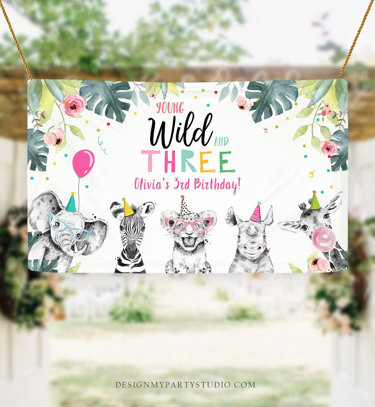 Editable Party Animals Birthday Backdrop Banner Safari Animals Girl Pink Wild and Three Sign Digital Download Template Printable 0322