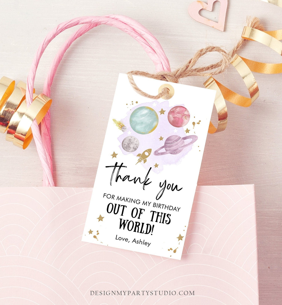 Editable Outer Space Favor Tags Space Birthday Thank you Label Galaxy Gift Purple Out Of This World Planets Digital Template Printable 0357