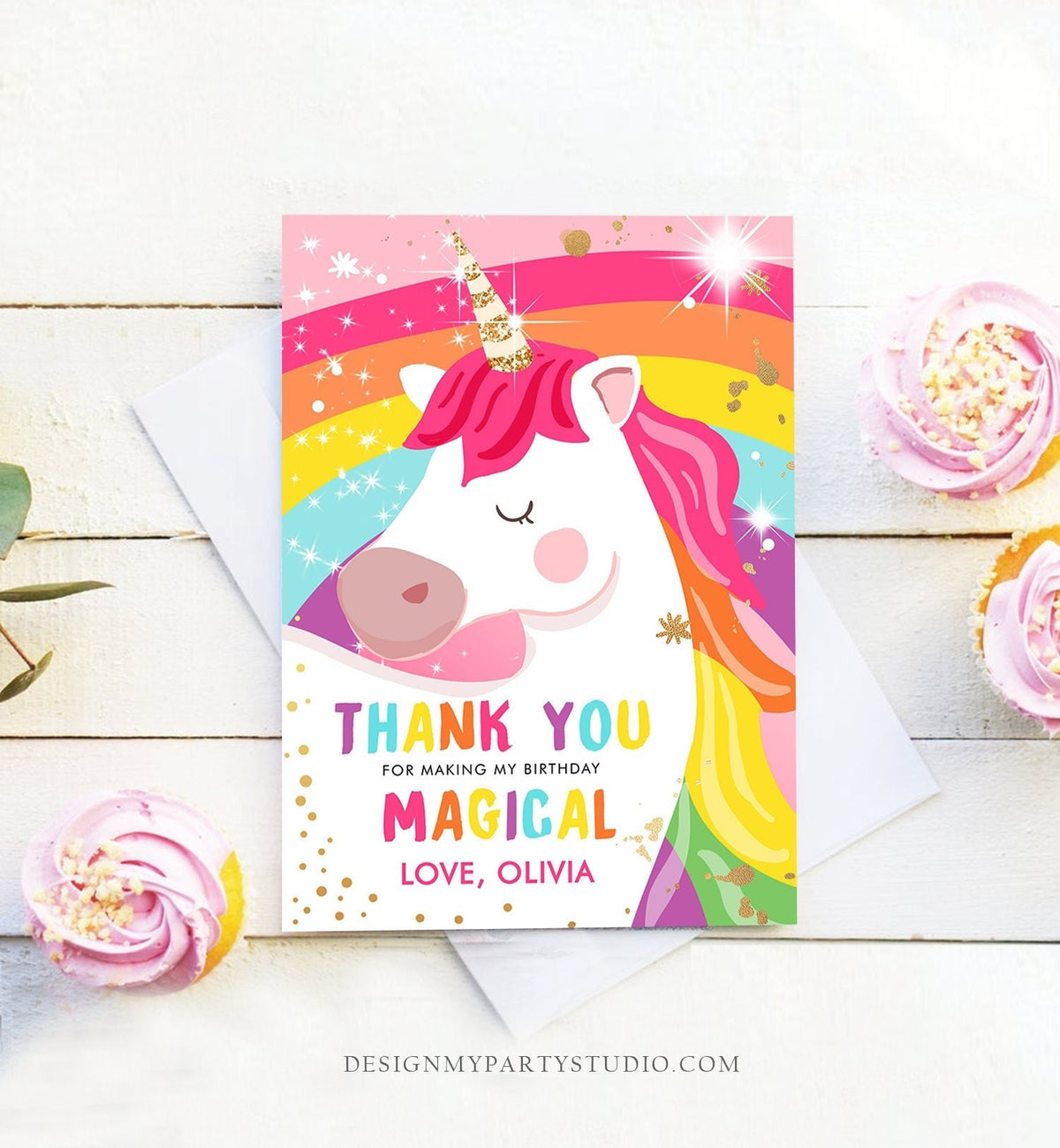 Editable Unicorn Thank You Card Magical Birthday Party Rainbow Thank You Note Pink Gold Girl Unicorn Digital Template Printable 0323