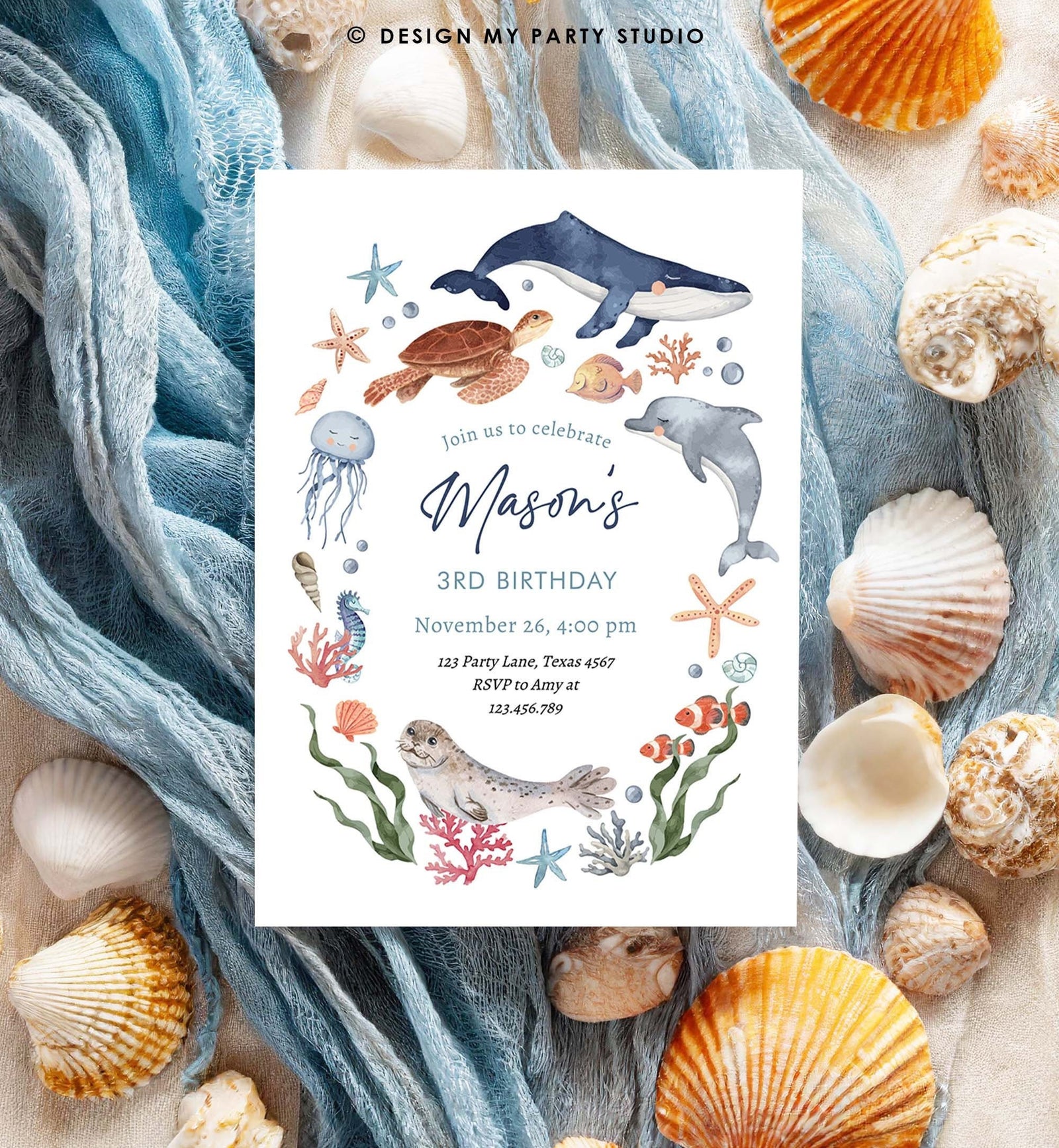Editable Under The Sea Birthday Invitation Nautical Birthday Party Kids Sea Life Ocean Animals Digital Download Template Printable 0504