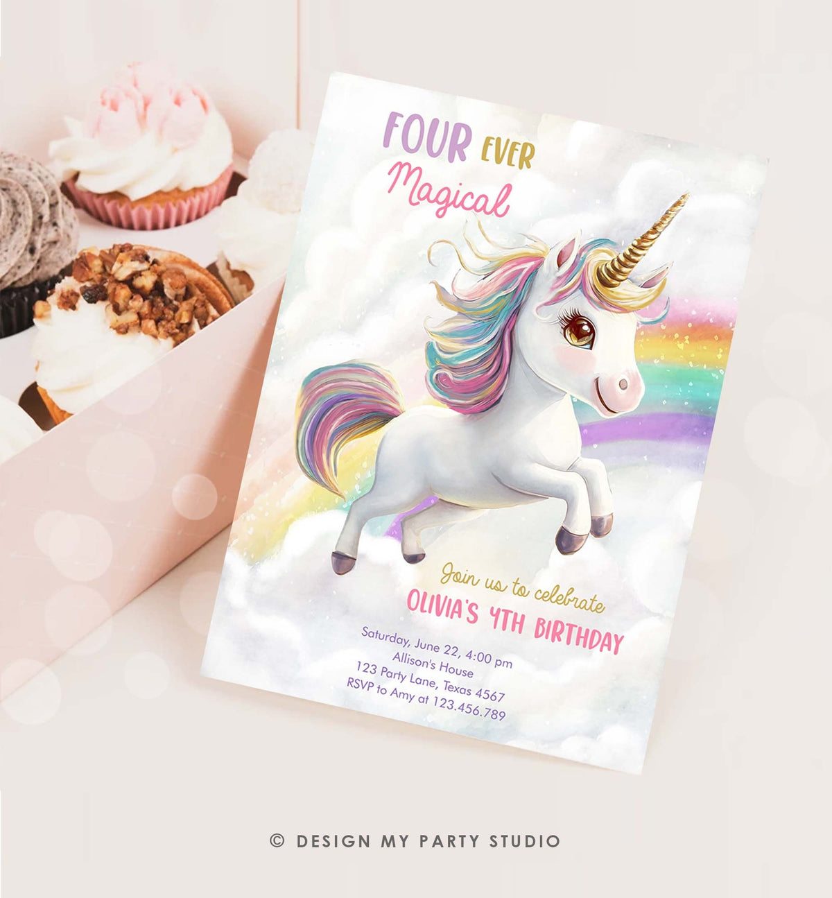 Editable Unicorn 4th Birthday Invitation Four Ever Magical Party Girl Rainbow Fourth Digital Download Evite Template Printable 0503