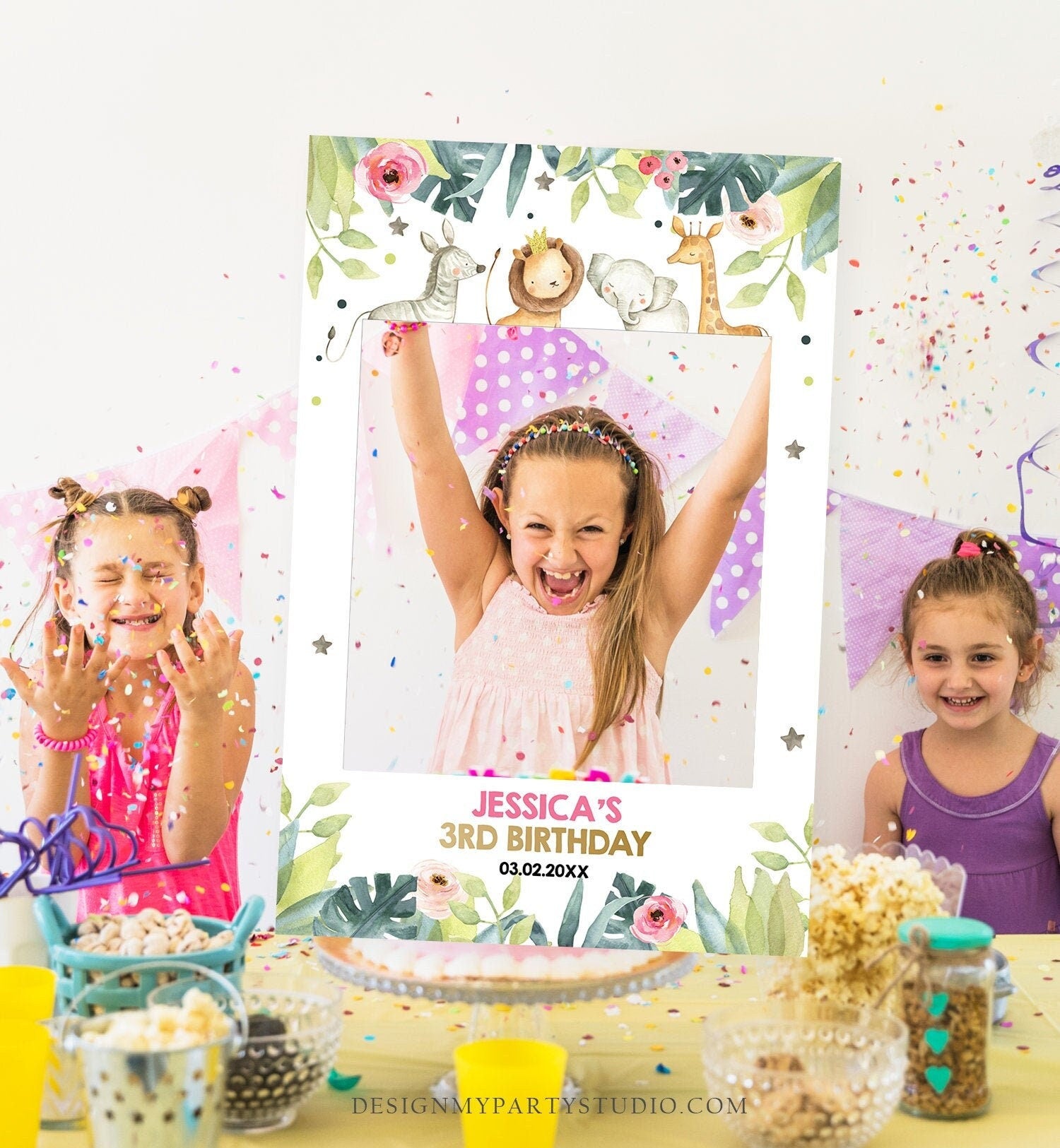 Editable Safari Animals Birthday Photo Frame Pink Gold Girl Birthday Wild Animals Party Photo Booth Decor Zoo Jungle Corjl Template 0163
