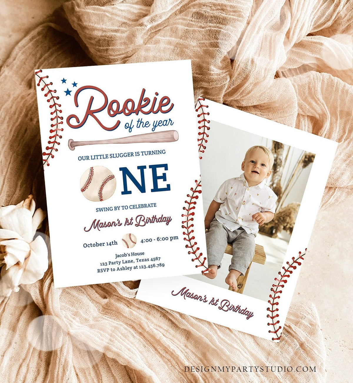 Editable Baseball First Birthday Invitation Rookie of The Year Invite Boy Birthday Little Slugger Digital Download Template Printable 0492