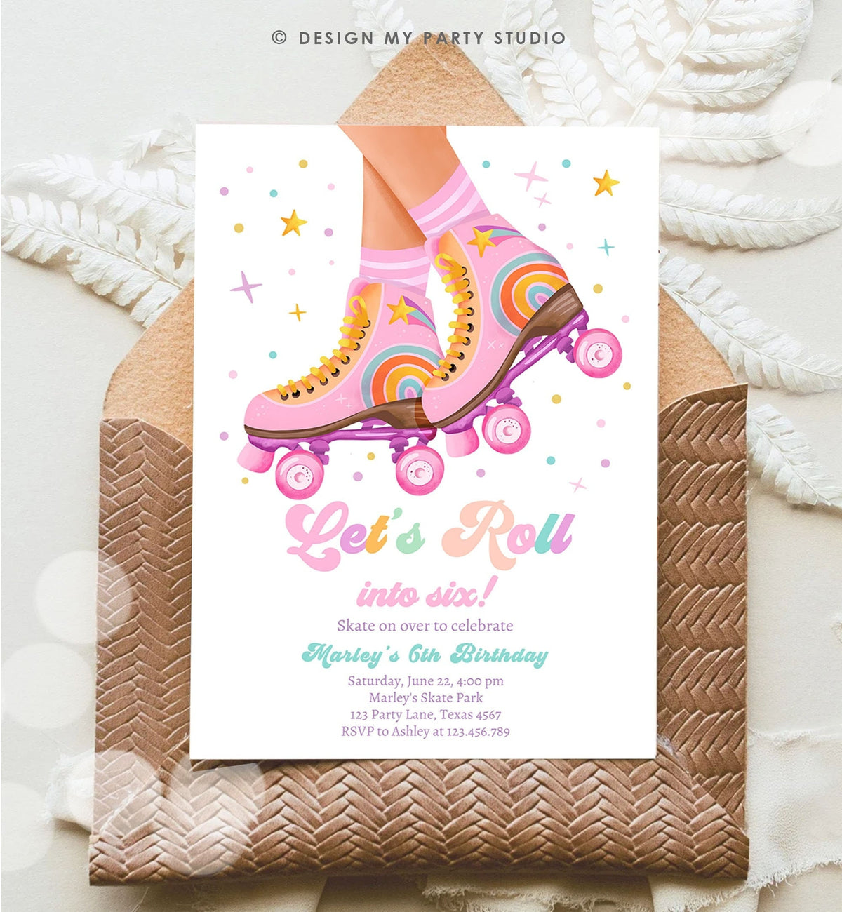 Editable Roller Skate Birthday Party Invitation Let&#39;s Roll Skating Kids Rainbow Rollerblade Pink Digital Download Template Printable 0514