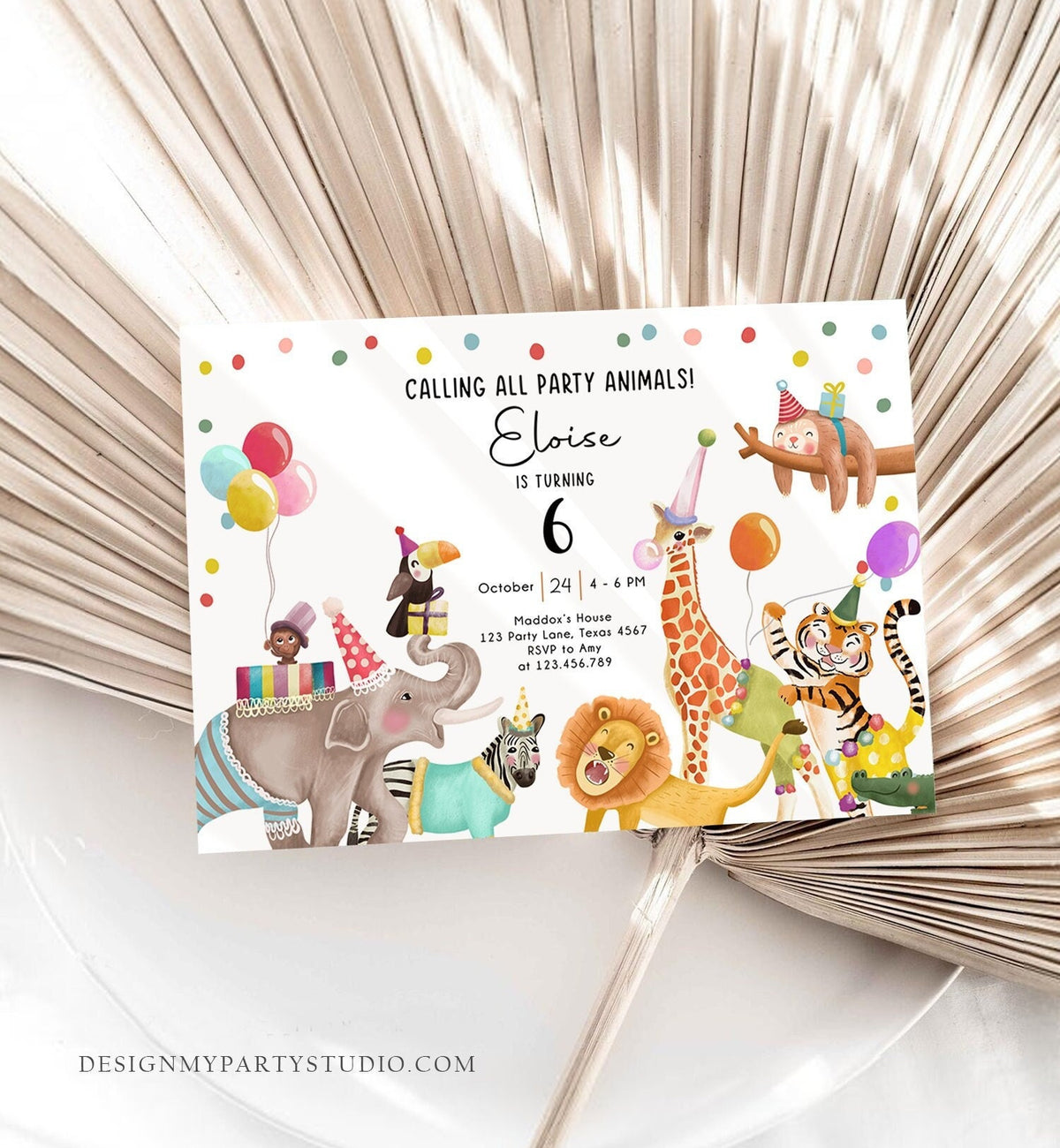 Editable Calling All Party Animals Birthday Invitation Wild One Jungle Zoo Safari Animals Boy Girl Digital Evite Template Printable 0482