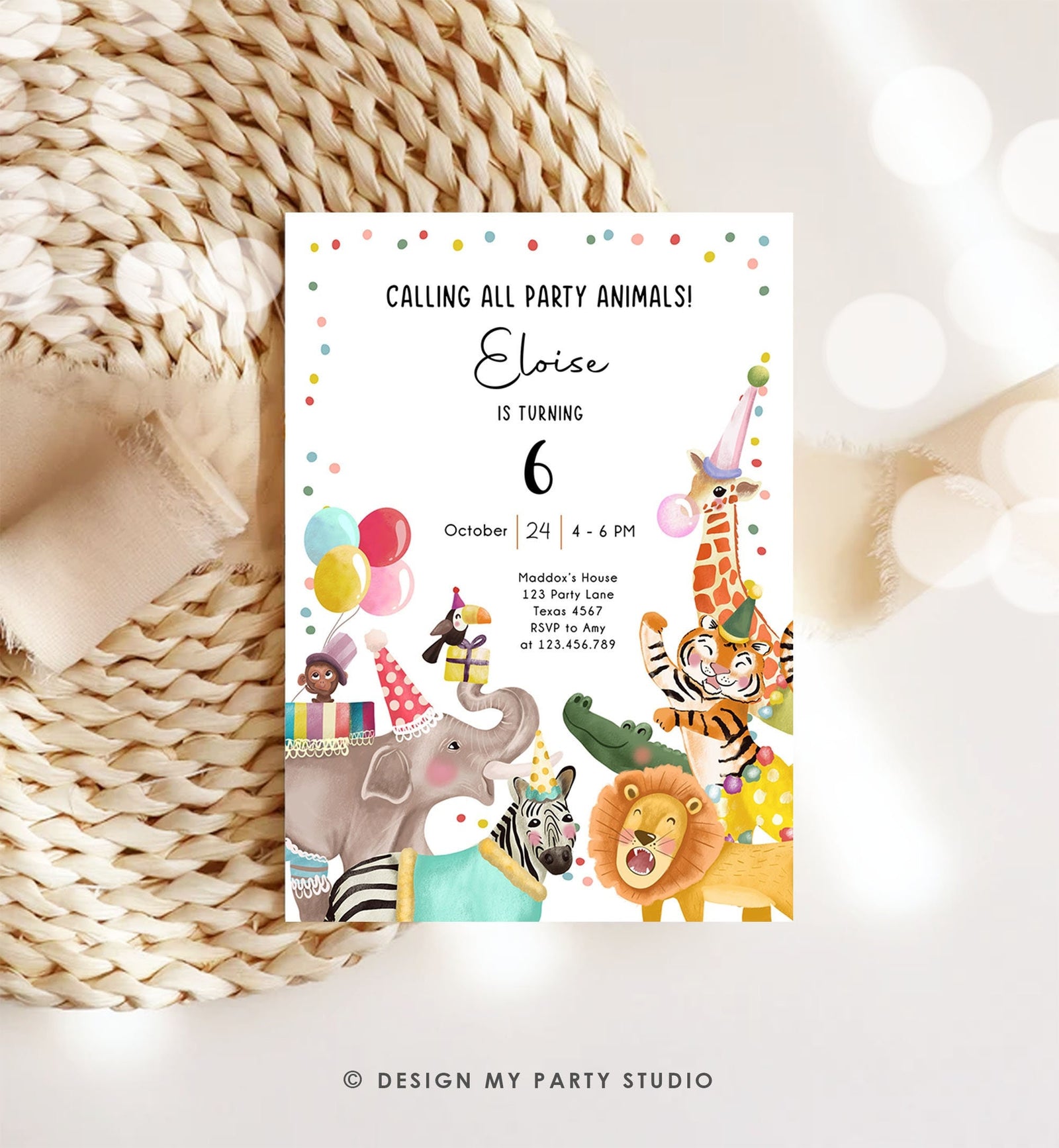 Editable Calling All Party Animals Birthday Invitation Wild One Jungle Zoo Safari Animals Boy Girl Digital Download Template Printable 0482