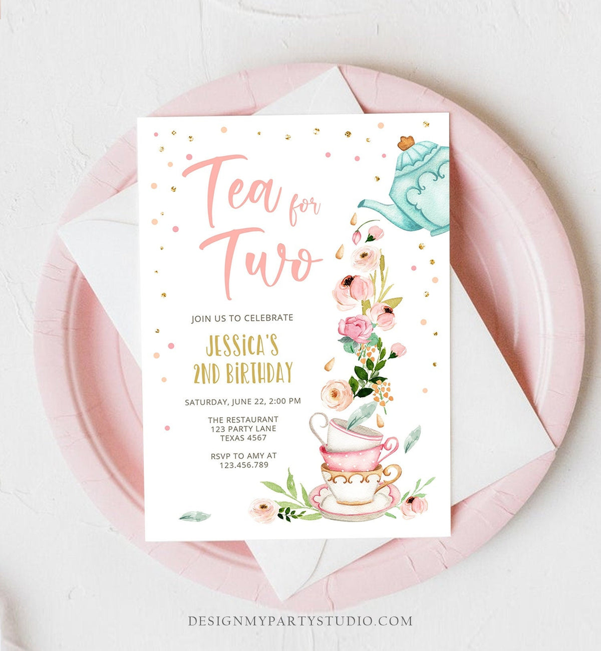 Editable Tea for Two Birthday Invitation Girl Tea Party Invite Pink Gold Floral Peach Pink Digital Download Evite Template Printable 0349