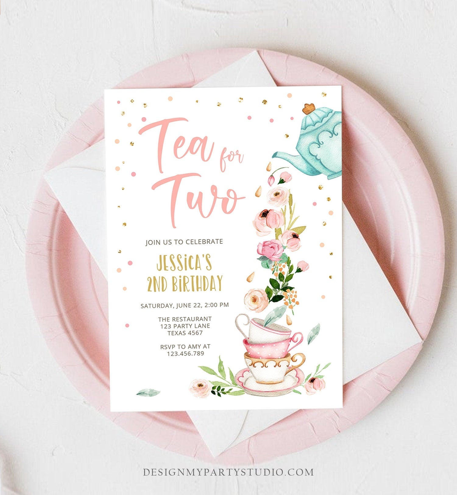 Editable Tea for Two Birthday Invitation Girl Tea Party Invite Pink Gold Floral Peach Pink Digital Download Evite Template Printable 0349