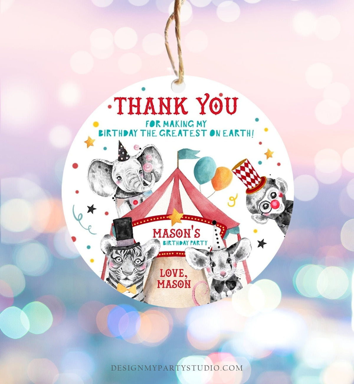 Editable Circus Thank You Tags Carnival Birthday Favor Tags Boy Vintage Circus Stickers Big Top Party Digital Template Printable 0355