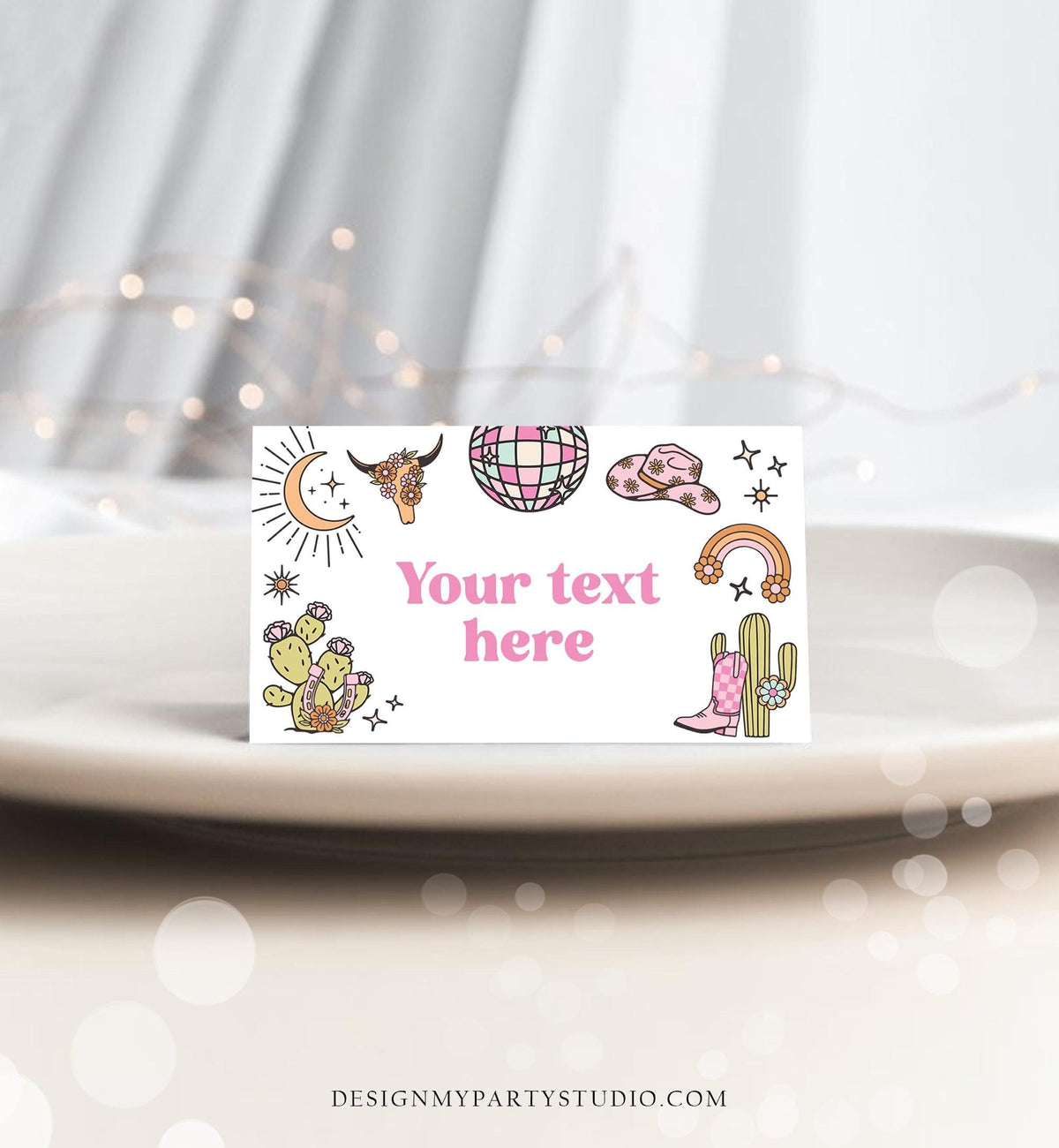 Editable Retro Cowgirl Food Labels Disco Birthday Food Card Tent Girl Pink Nashville Rodeo Buffet Label Digital Template Printable 0519