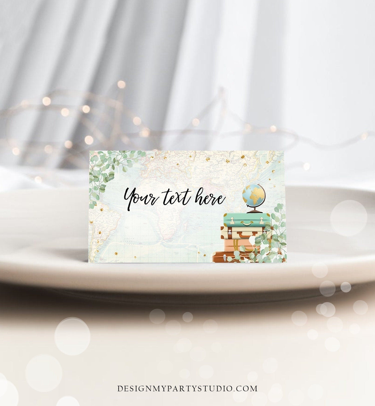 Editable Travel Adventure Food Labels Place Card Tent Bridal Shower Suitcases Eucalyptus Greenery Digital Download Template Printable 0030