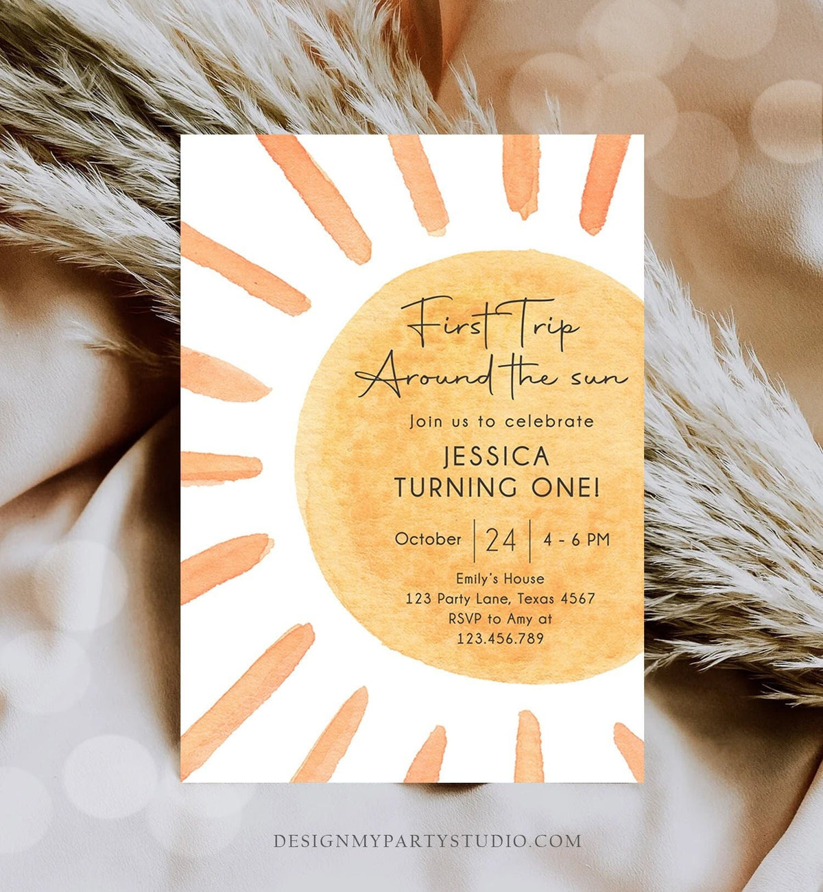 Editable First Trip Around The Sun Birthday Invitation 1st Birthday Sunshine Birthday Boho Digital Download Evite Template Printable 0431