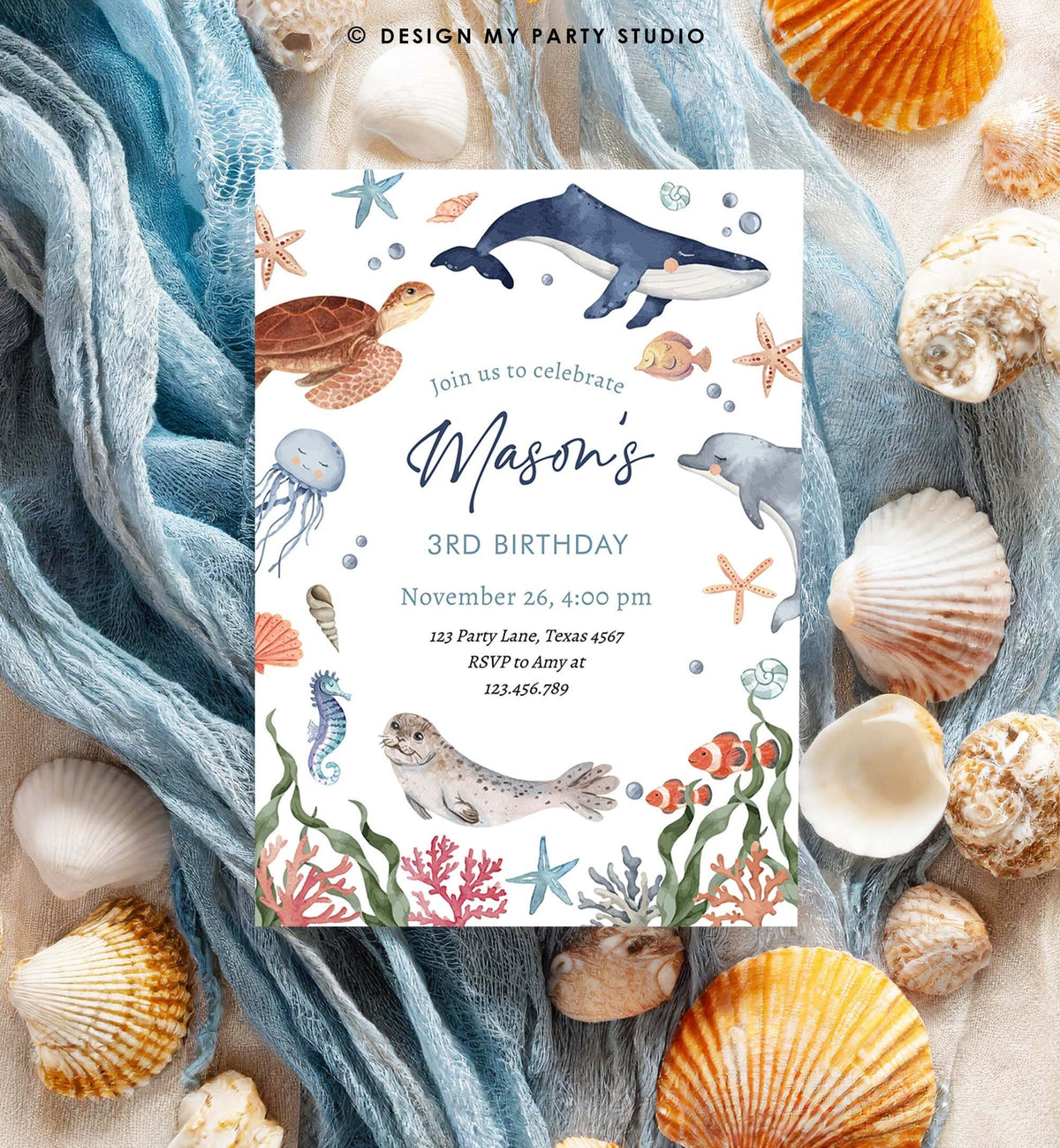 Editable Under The Sea Birthday Invitation Nautical Birthday Party Kids Sea Life Ocean Animals Digital Download Template Printable 0504