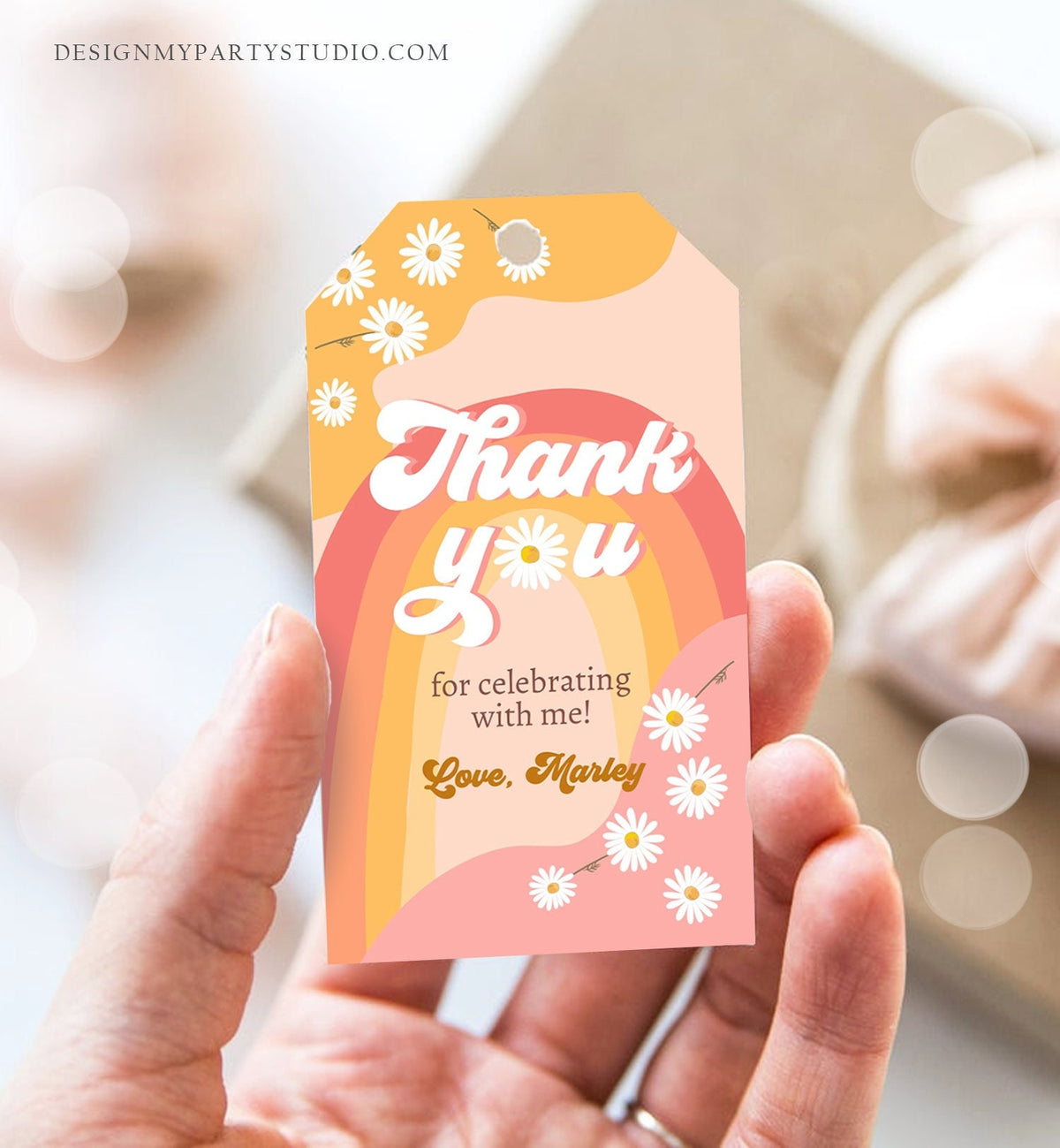 Editable Retro Daisy Favor Tags 1st 2nd Groovy Birthday Thank you Tags Festival Gift tags 70s Floral Hippie Digital Template Printable 0428