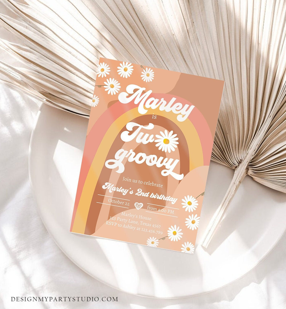 Editable Two Groovy Birthday Party Invitation 2nd Birthday Boho Retro Flower Power 70&#39;s Daisy Digital Download Template Printable 0428
