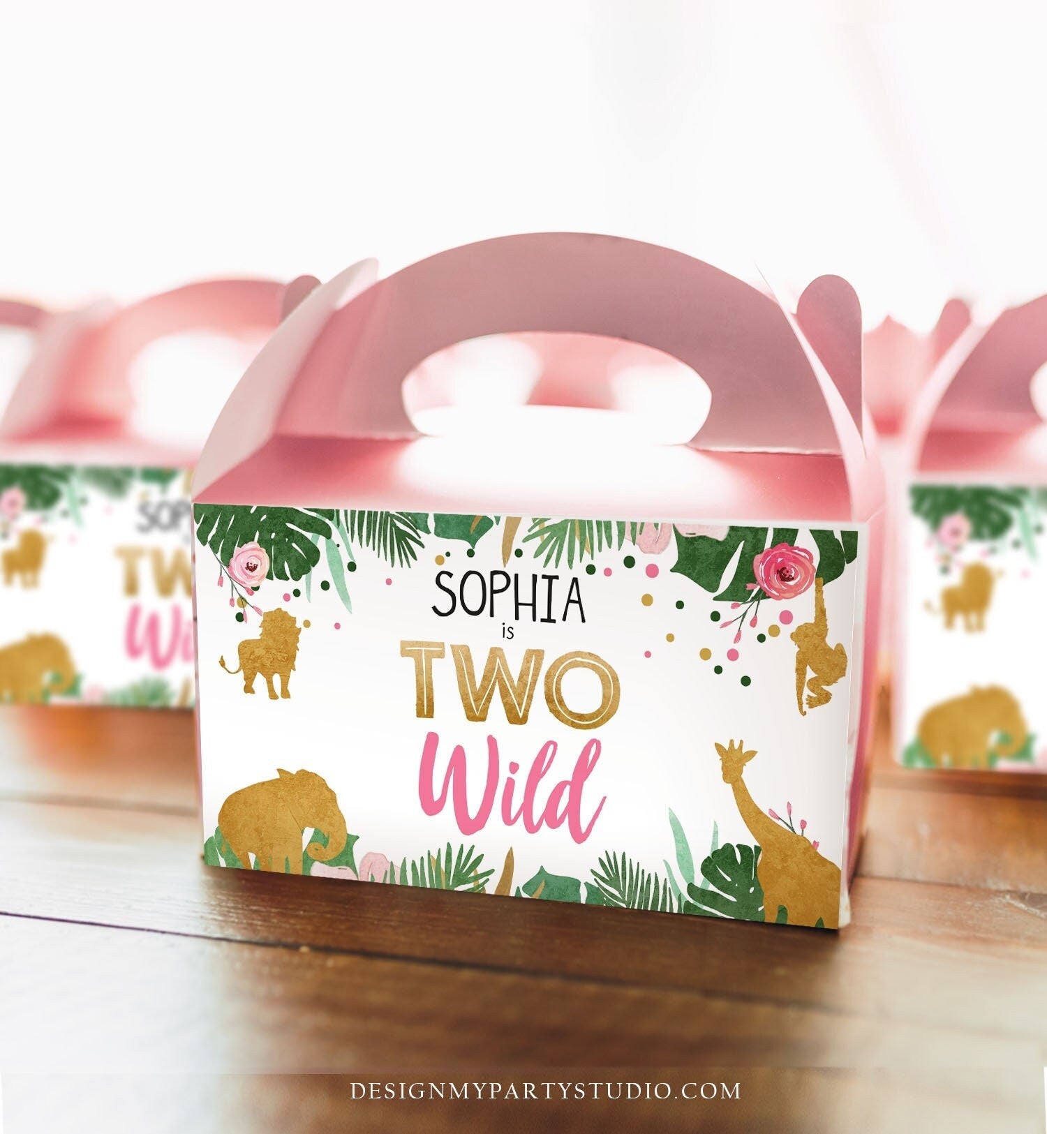 Editable Safari Animals Birthday Gable Gift Box Label Party Animals Gold Girl Pink Two Wild Digital Download Template Printable 0016